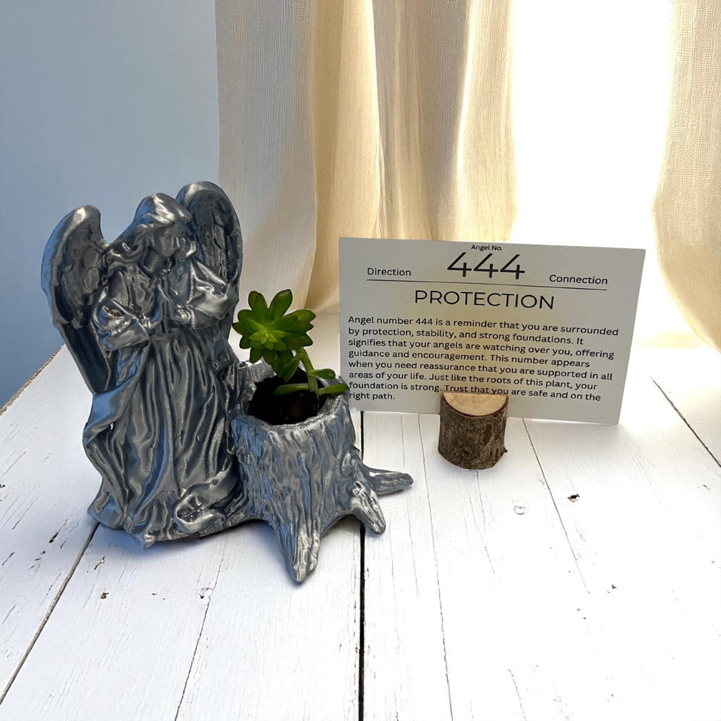 Silver Angel 444 Succulent Planter with Sedum Adolphi, Spiritual Protection and Guidance Gift - Winterberry Hearth