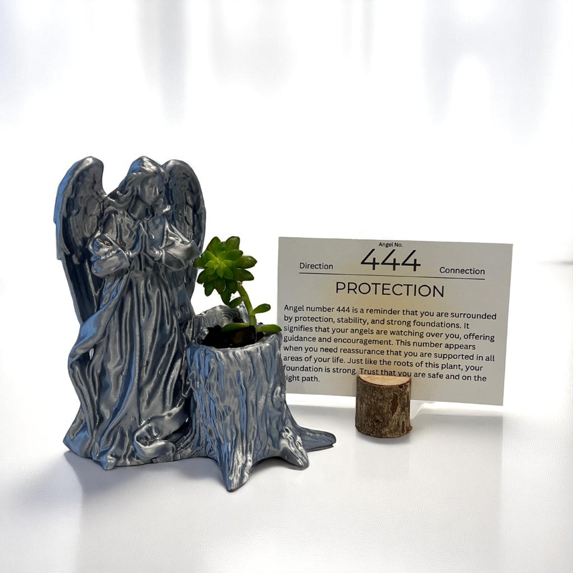 Silver Angel 444 Succulent Planter with Sedum Adolphi, Spiritual Protection and Guidance Gift - Winterberry Hearth
