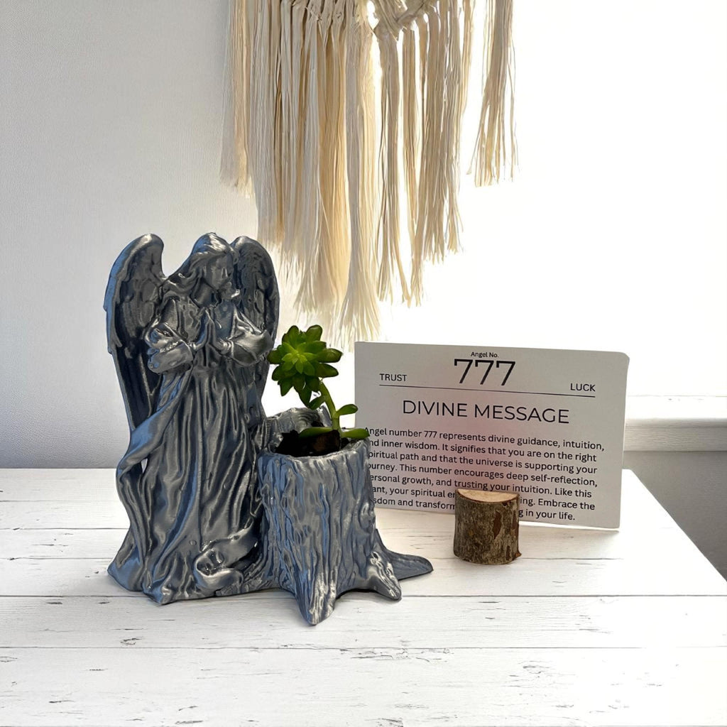 Silver Angel 777 Succulent Planter with Sedum Adolphi, Spiritual Luck and Alignment Gift - Winterberry Hearth
