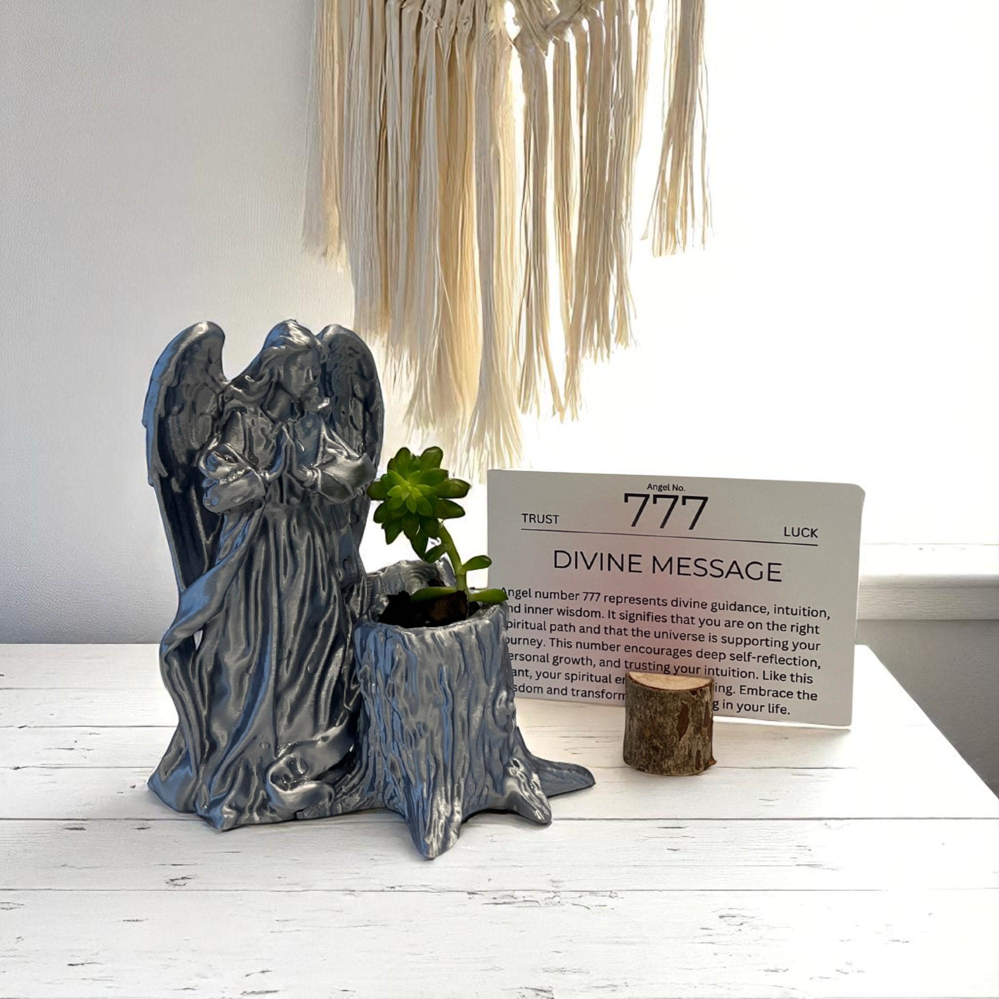 Silver Angel 777 Succulent Planter with Sedum Adolphi, Spiritual Luck and Alignment Gift - Winterberry Hearth