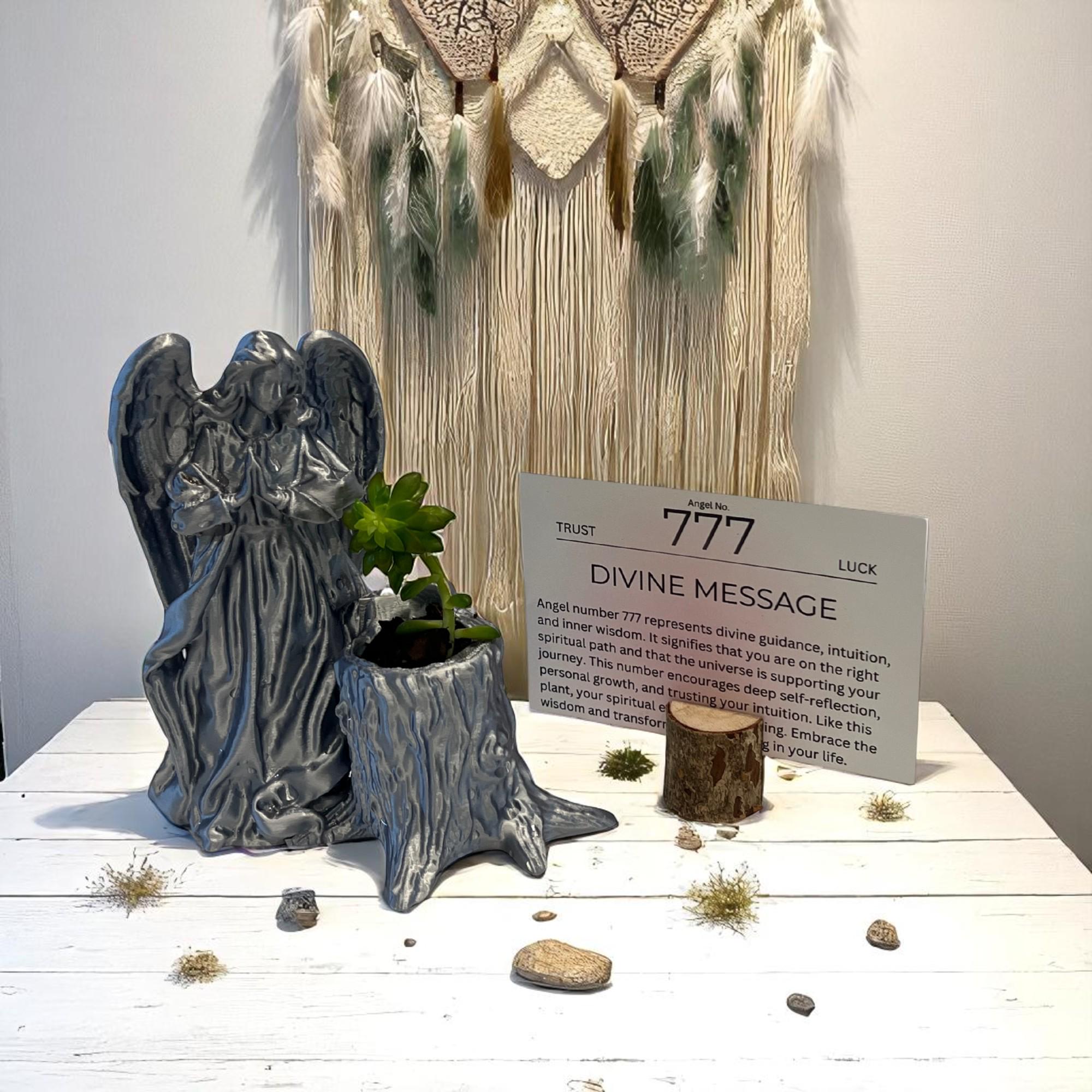 Silver Angel 777 Succulent Planter with Sedum Adolphi, Spiritual Luck and Alignment Gift - Winterberry Hearth