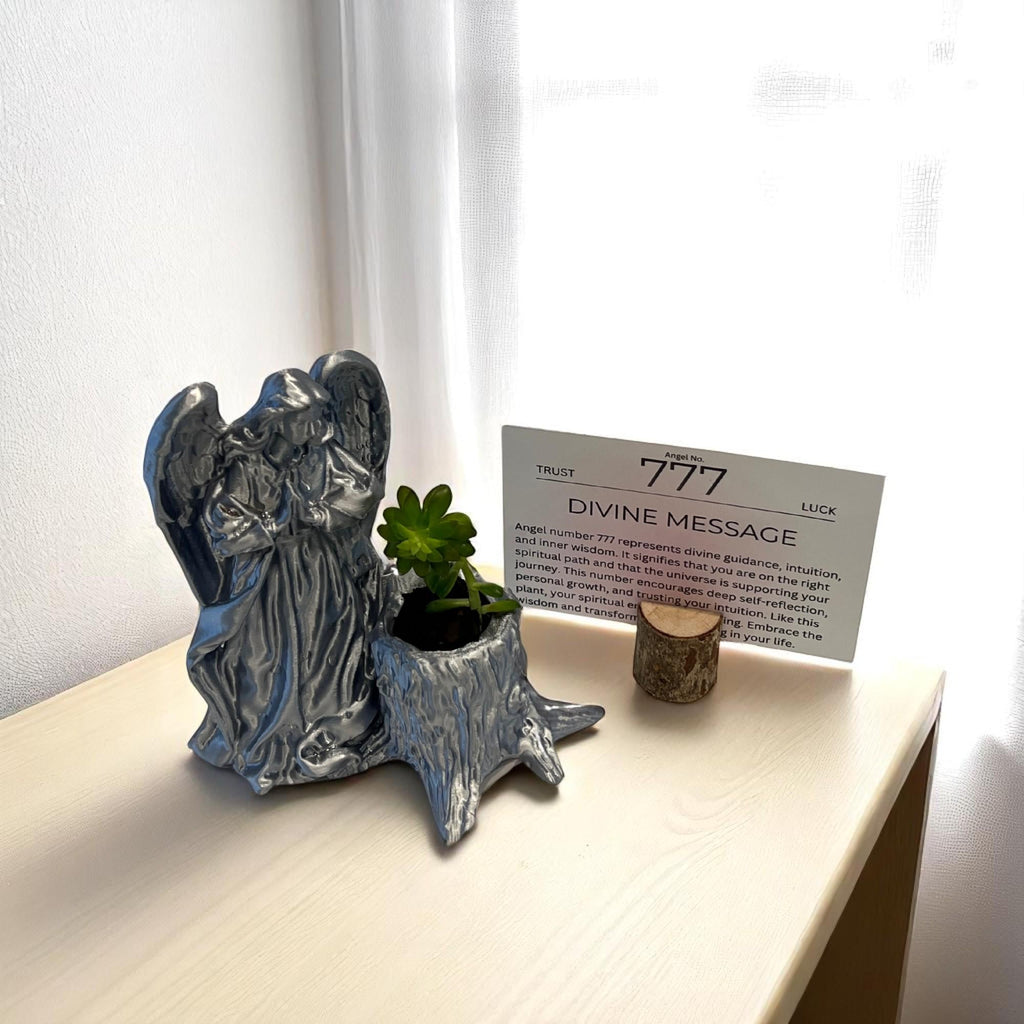 Silver Angel 777 Succulent Planter with Sedum Adolphi, Spiritual Luck and Alignment Gift - Winterberry Hearth