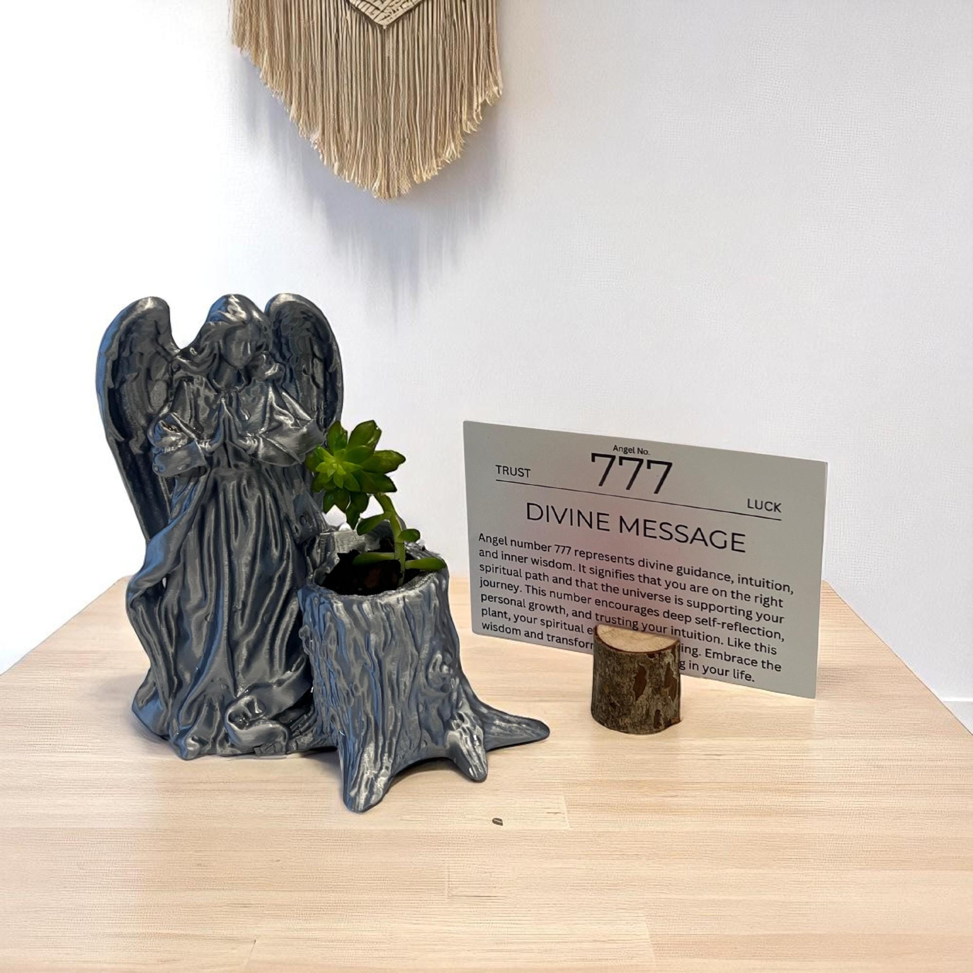 Silver Angel 777 Succulent Planter with Sedum Adolphi, Spiritual Luck and Alignment Gift - Winterberry Hearth