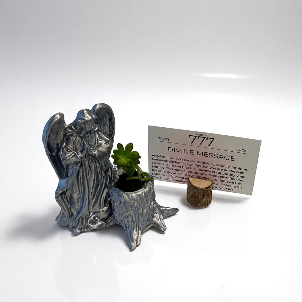 Silver Angel 777 Succulent Planter with Sedum Adolphi, Spiritual Luck and Alignment Gift - Winterberry Hearth