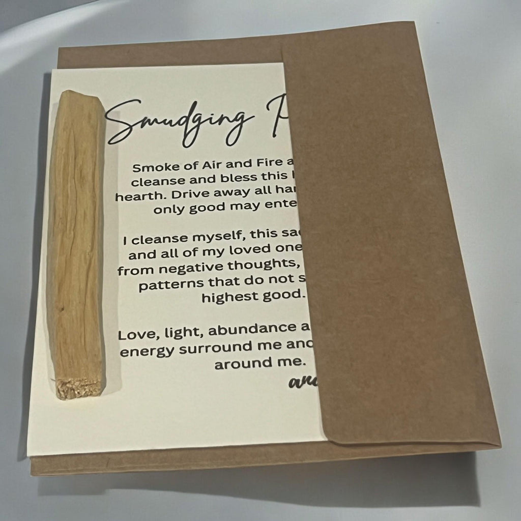 Smudging Prayer Card with Palo Santo Stick, Spiritual Energy Cleansing Meditation Gift Set - Winterberry Hearth