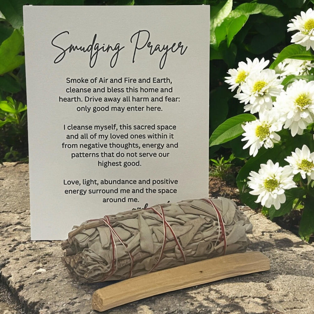 Smudging Prayer Card with Sage and Palo Santo, Spiritual Cleansing Ritual Kit for Meditation - Winterberry Hearth