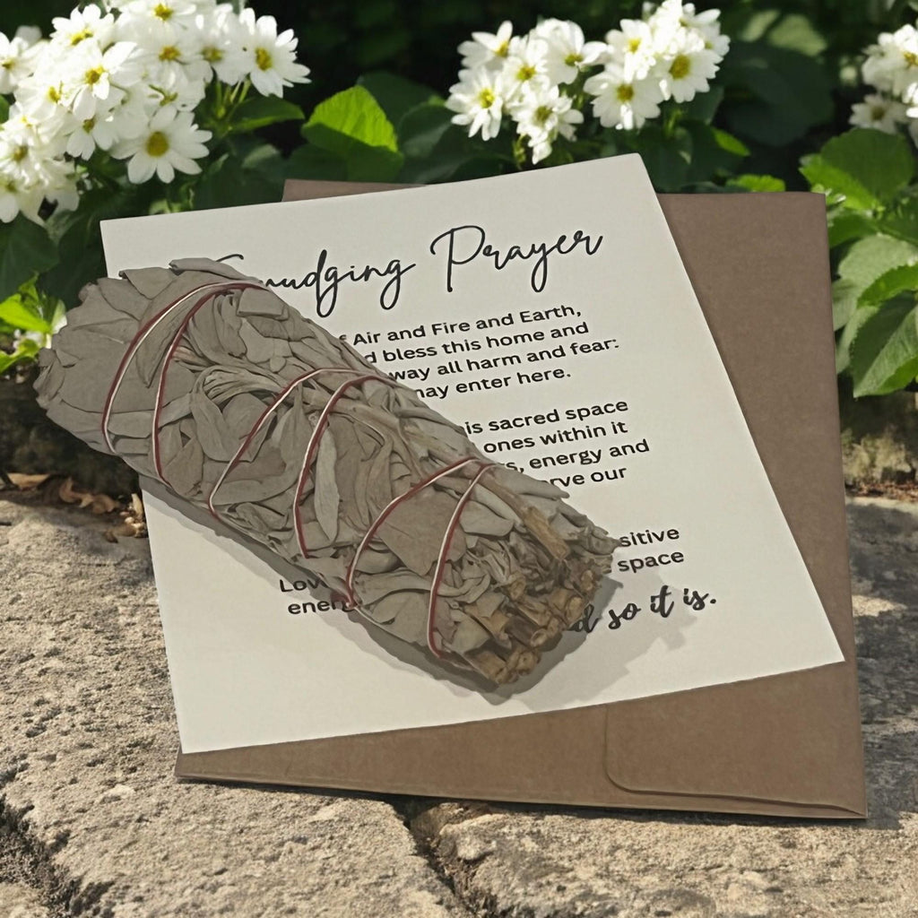 Smudging Ritual Card with Sage Wand, Spiritual Cleansing Meditation Gift Set for Positive Energy - Winterberry Hearth