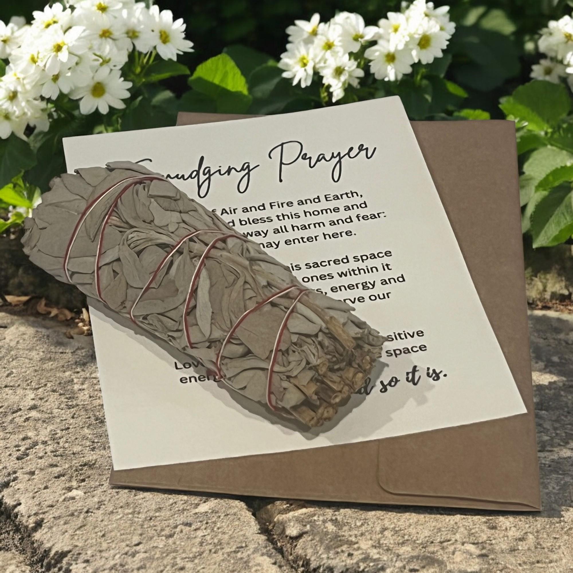 Smudging Ritual Card with Sage Wand, Spiritual Cleansing Meditation Gift Set for Positive Energy - Winterberry Hearth