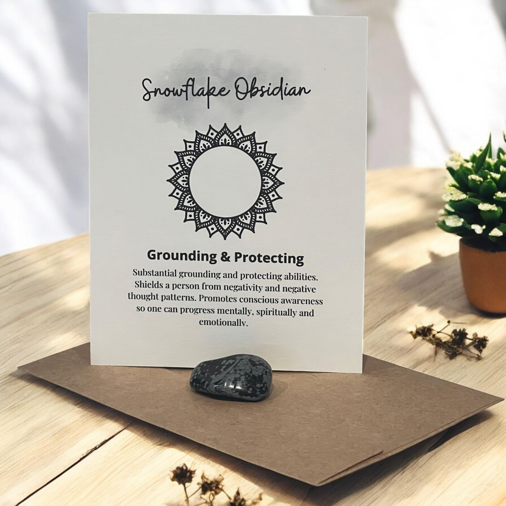 Snowflake Obsidian Crystal with Meaning Card: Grounding Meditation Tool - Winterberry Hearth