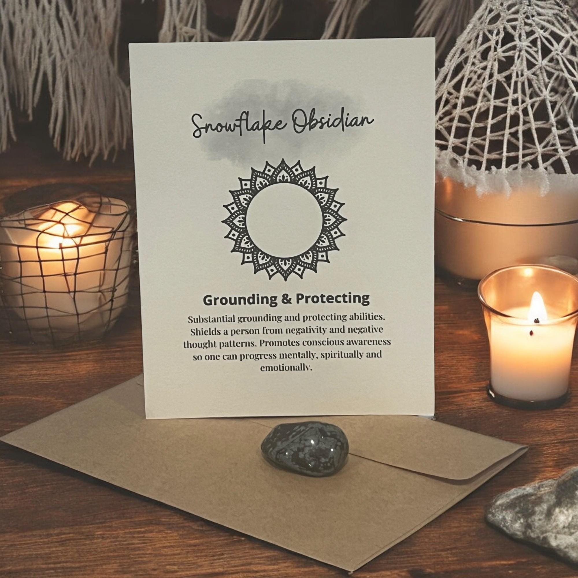 Snowflake Obsidian Crystal with Meaning Card: Grounding Meditation Tool - Winterberry Hearth