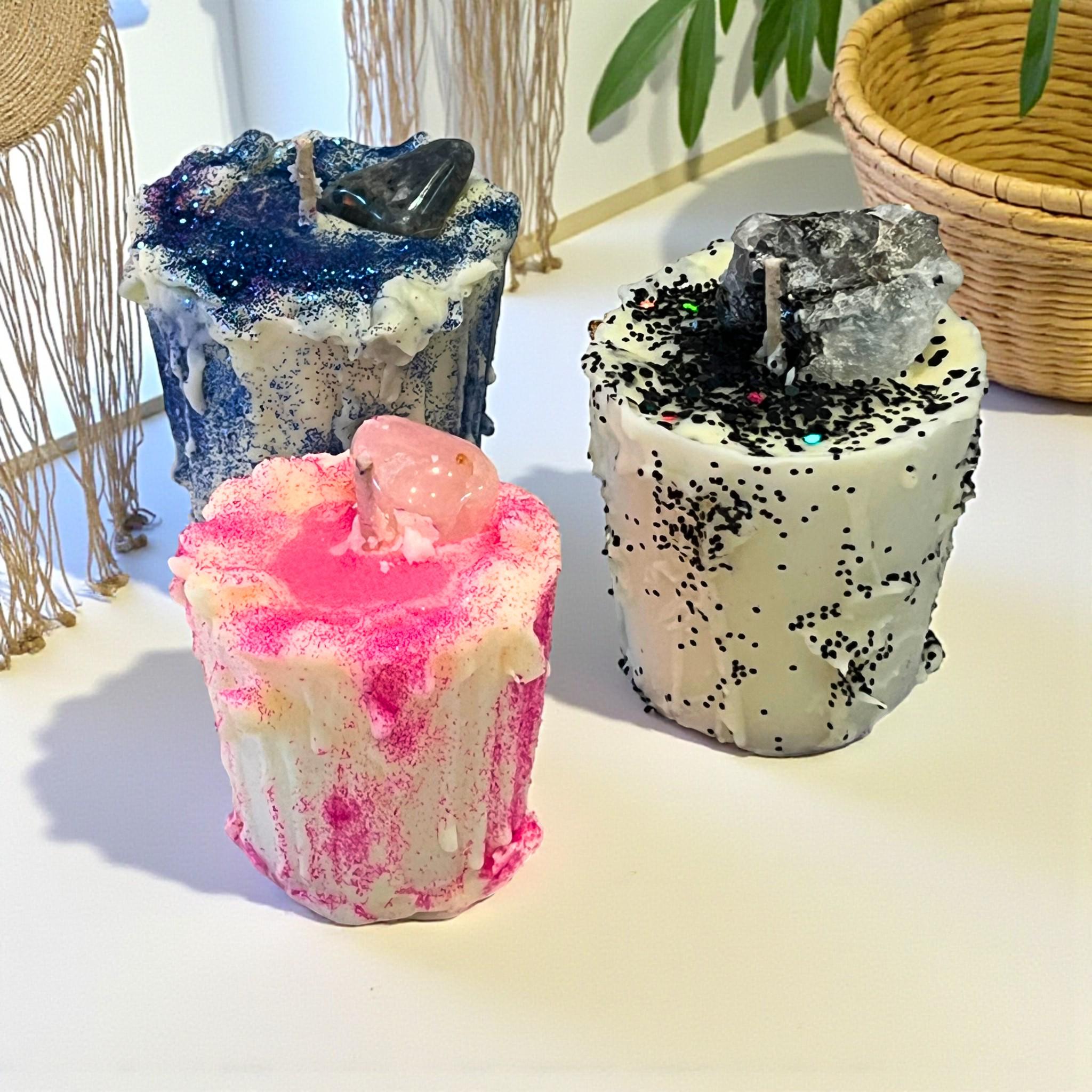 Sodalite Crystal Soy Candle with Blue Glitter: Clarity & Focus Aromatherapy - Winterberry Hearth