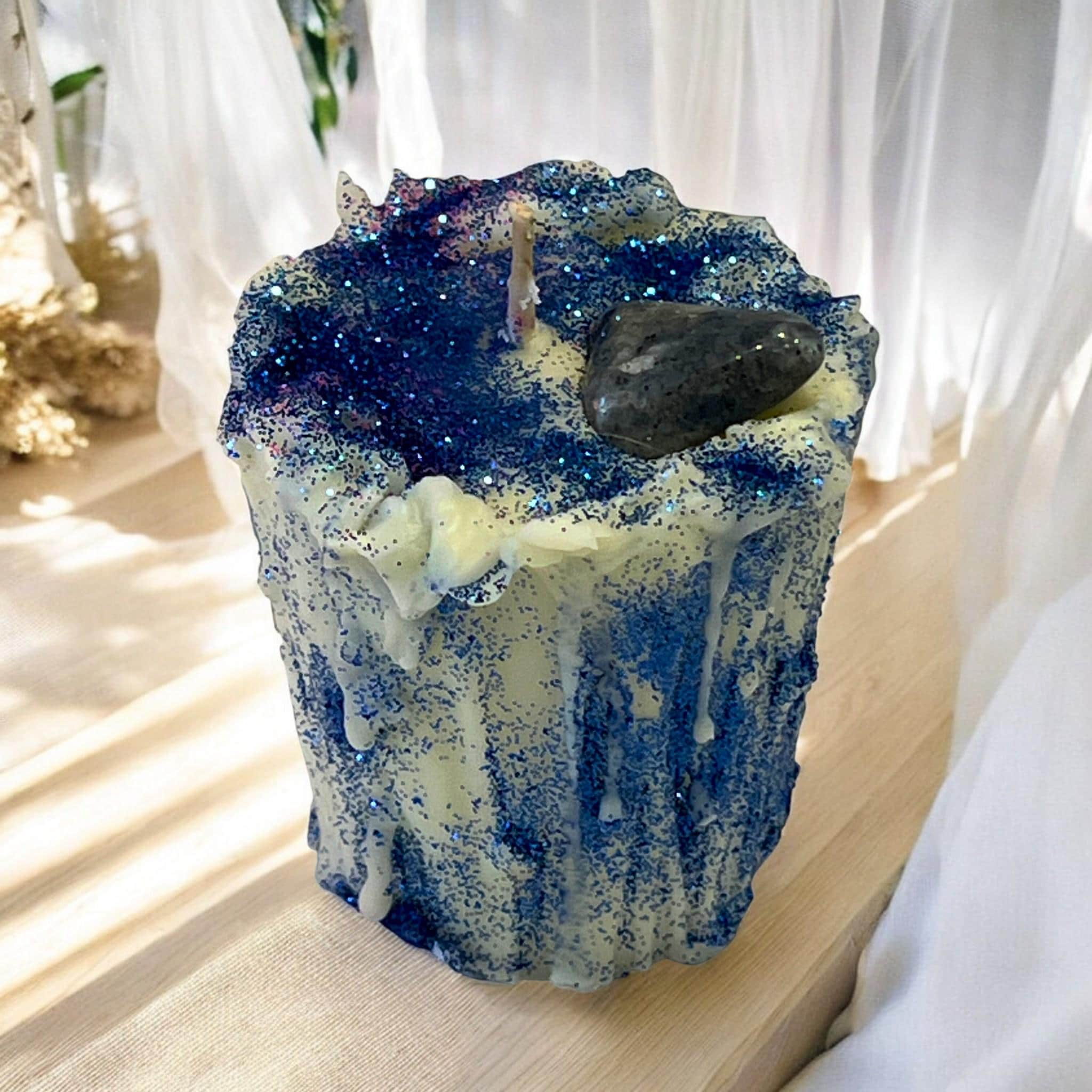 Sodalite Crystal Soy Candle with Blue Glitter: Clarity & Focus Aromatherapy - Winterberry Hearth