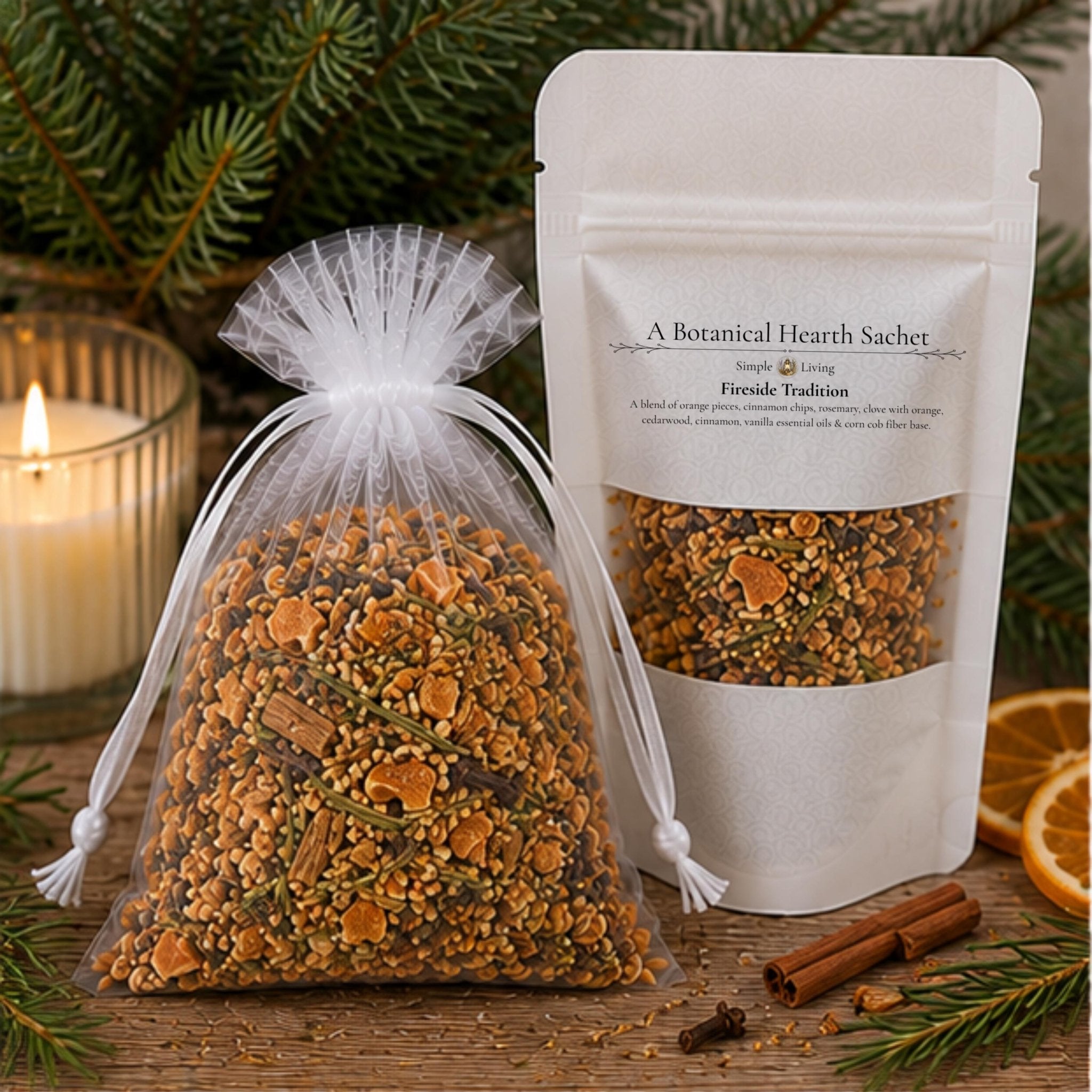Spiced Botanical Home Fragrance Sachet, Fireside Tradition Orange Cinnamon Rosemary Pouch, Cozy Gift - Winterberry Hearth