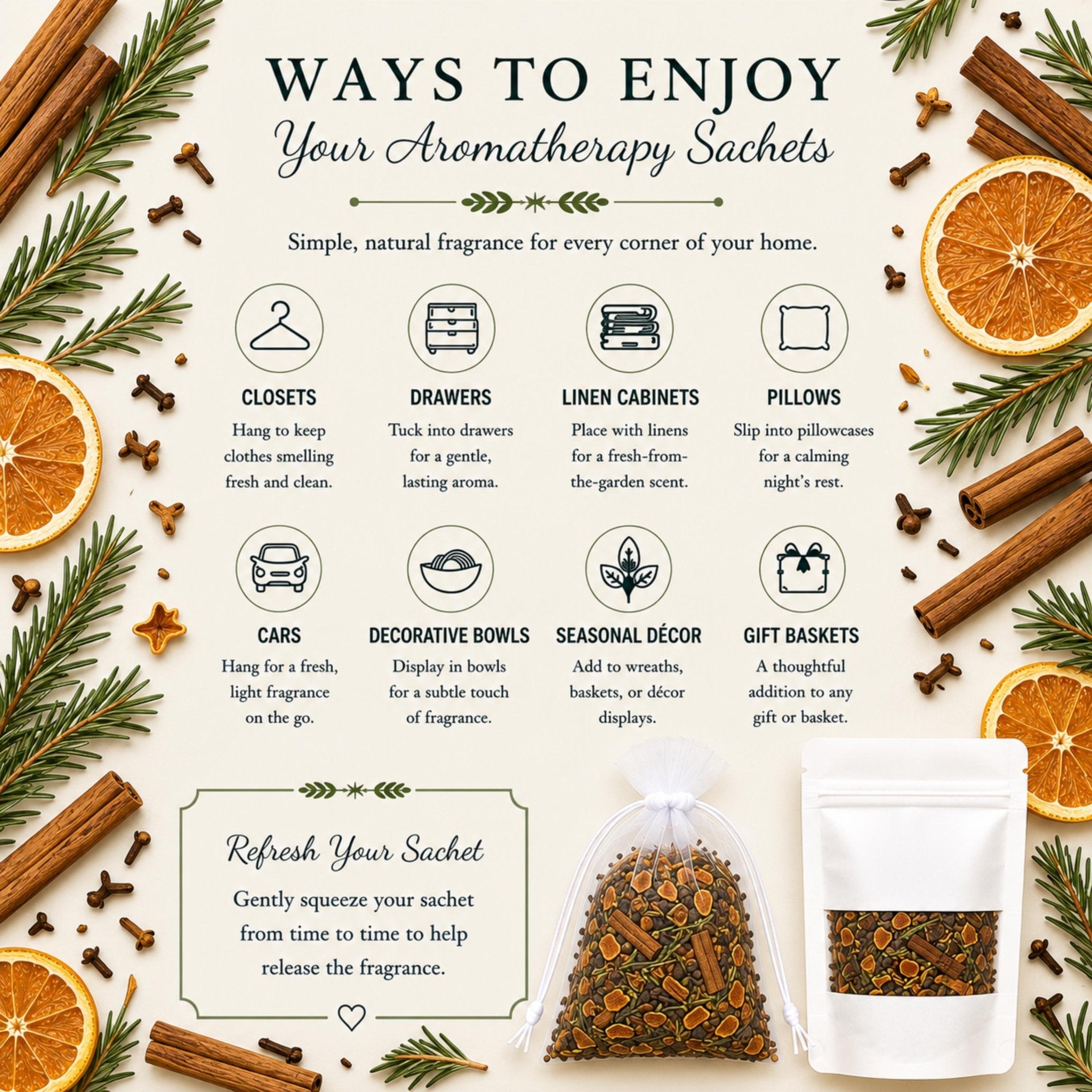 Spiced Botanical Home Fragrance Sachet, Fireside Tradition Orange Cinnamon Rosemary Pouch, Cozy Gift - Winterberry Hearth