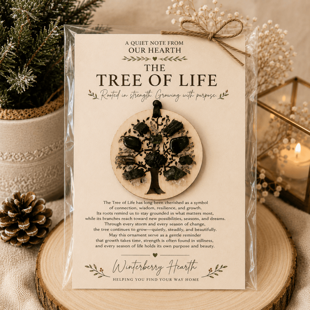 Tourmaline Crystal Wood Tree of Life Christmas Ornament - Winterberry Hearth