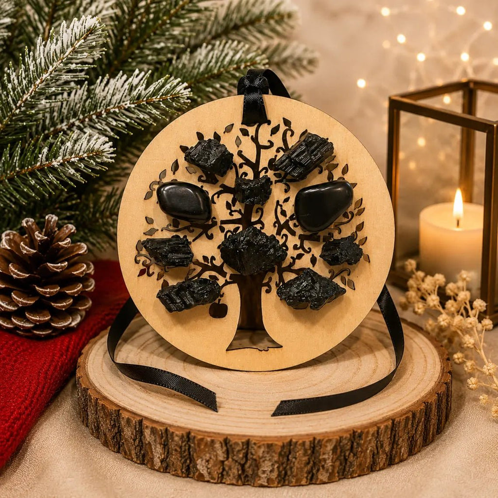 Tourmaline Crystal Wood Tree of Life Christmas Ornament - Winterberry Hearth