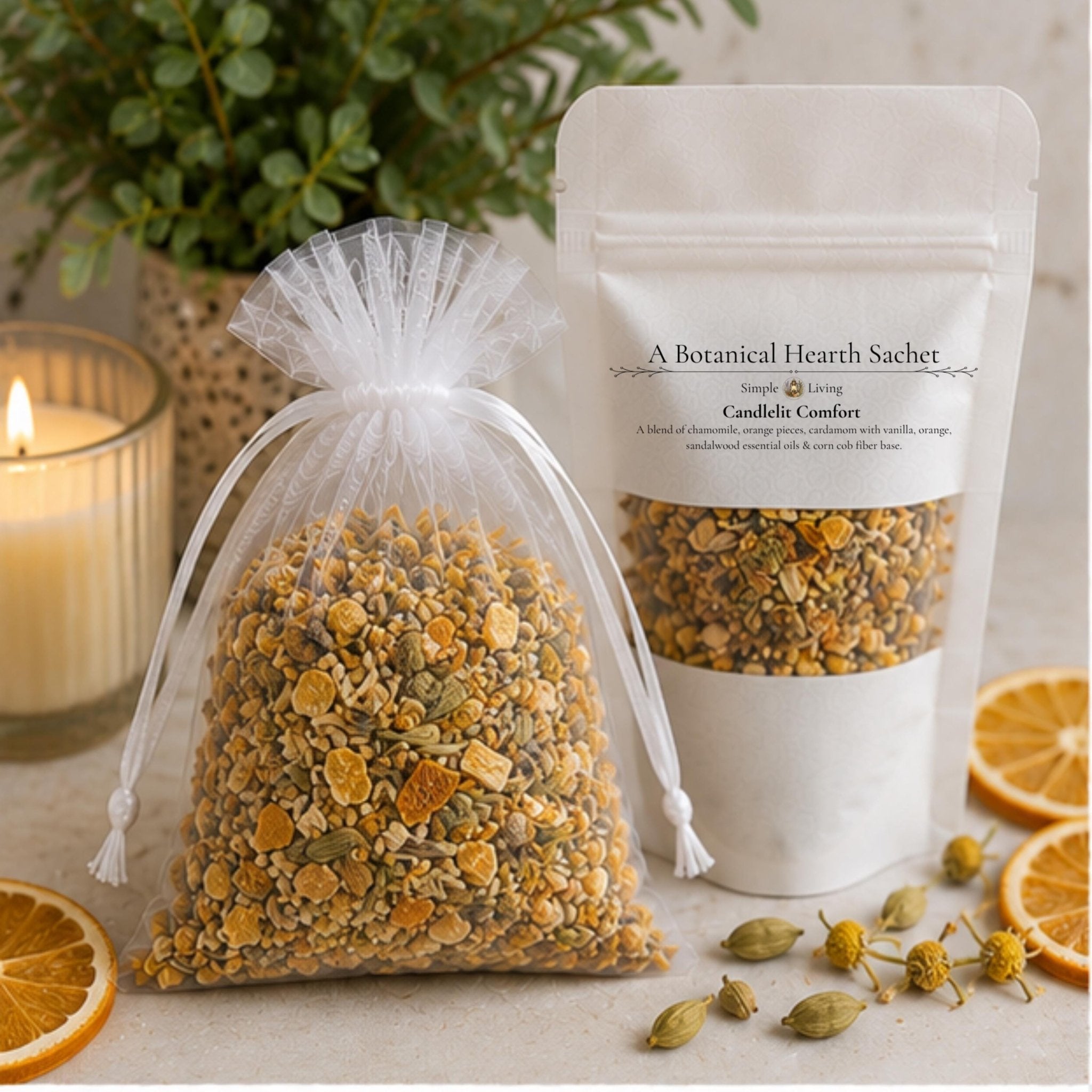 Warm Citrus Home Fragrance Sachet, Candlelit Comfort Aromatherapy, Orange Cardamom, Cozy Botanical Gift - Winterberry Hearth