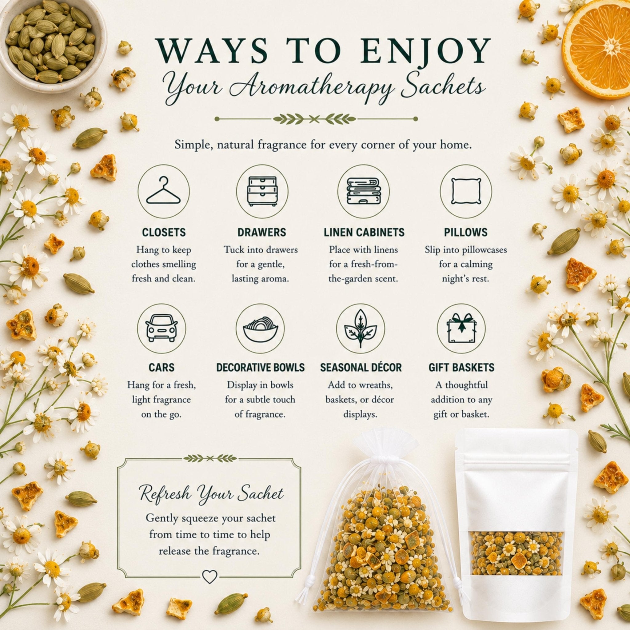 Warm Citrus Home Fragrance Sachet, Candlelit Comfort Aromatherapy, Orange Cardamom, Cozy Botanical Gift - Winterberry Hearth
