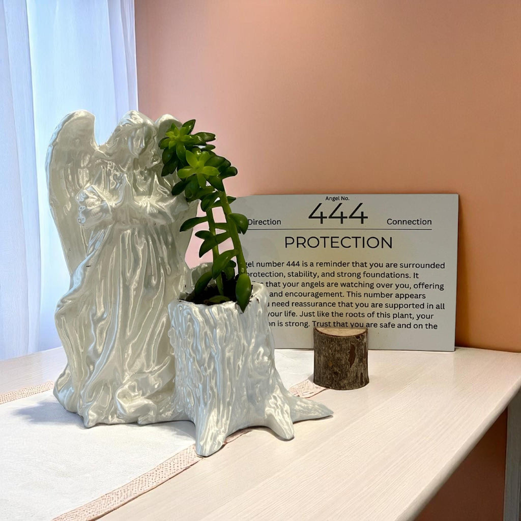 White Angel 444 Succulent Planter with Sedum Adolphi, Spiritual Protection Plant Gift Décor - Winterberry Hearth