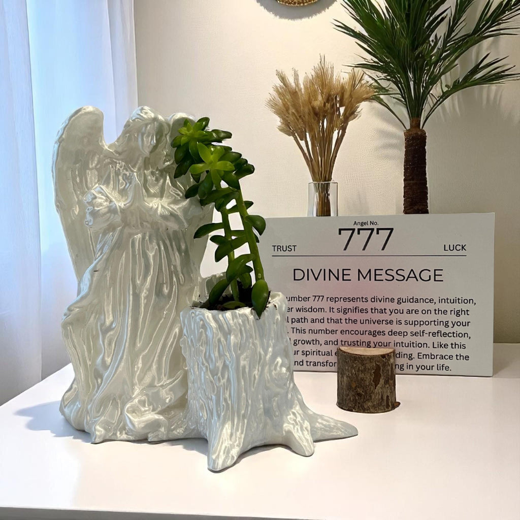 White Angel 777 Succulent Planter with Sedum Adolphi, Spiritual Protection and Luck Gift - Winterberry Hearth
