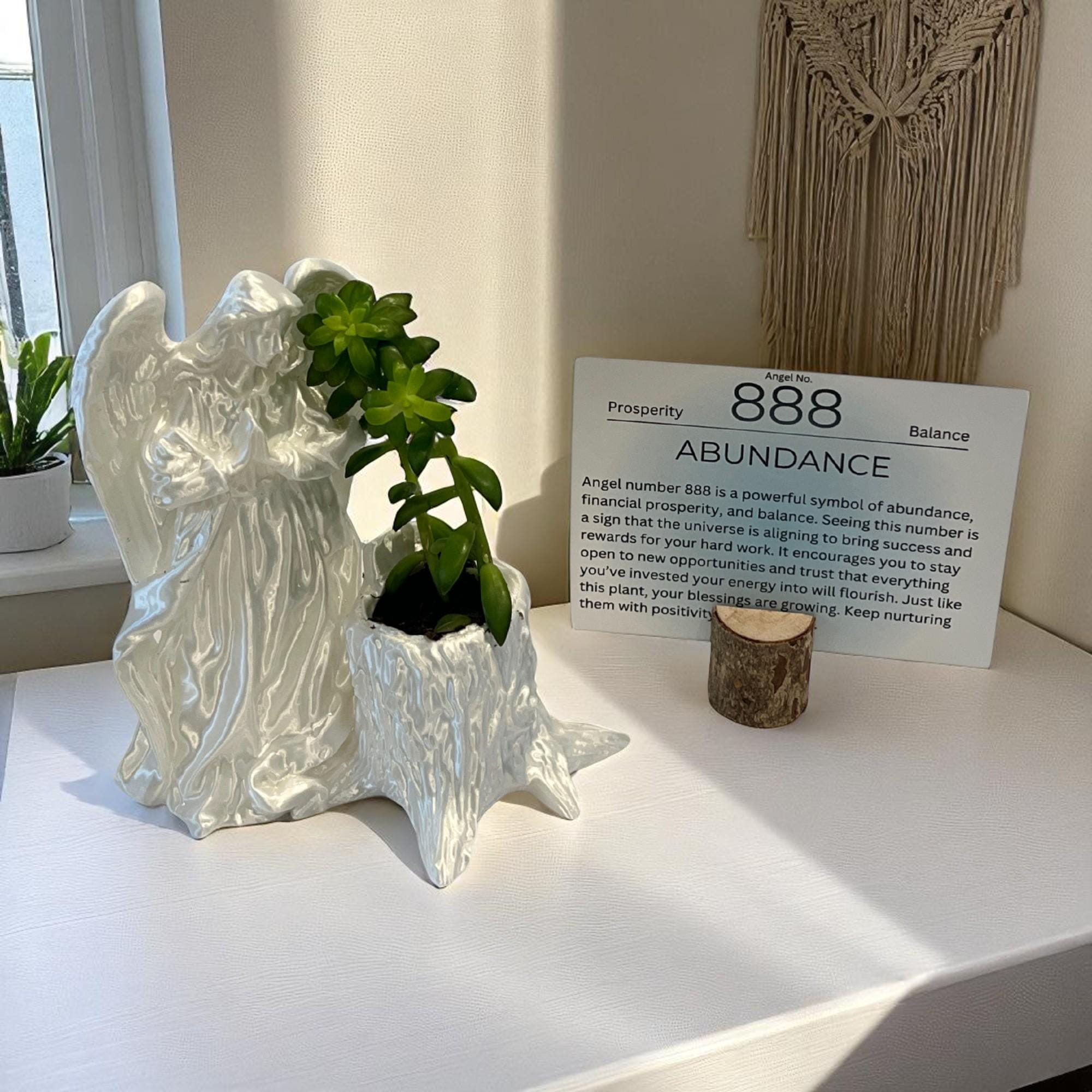 White Angel 888 Succulent Planter with Sedum Adolphi, Spiritual Abundance and Wealth Gift - Winterberry Hearth