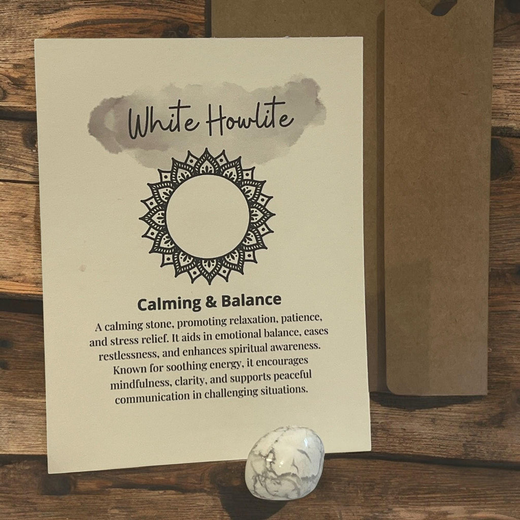 White Howlite Crystal Meaning Card with Tumbled Stone: Meditation Aid - Winterberry Hearth