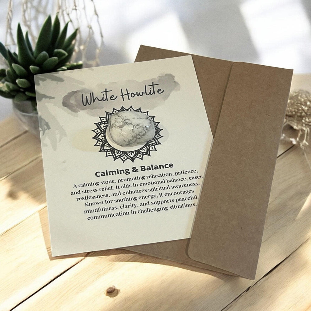 White Howlite Crystal Meaning Card with Tumbled Stone: Meditation Aid - Winterberry Hearth