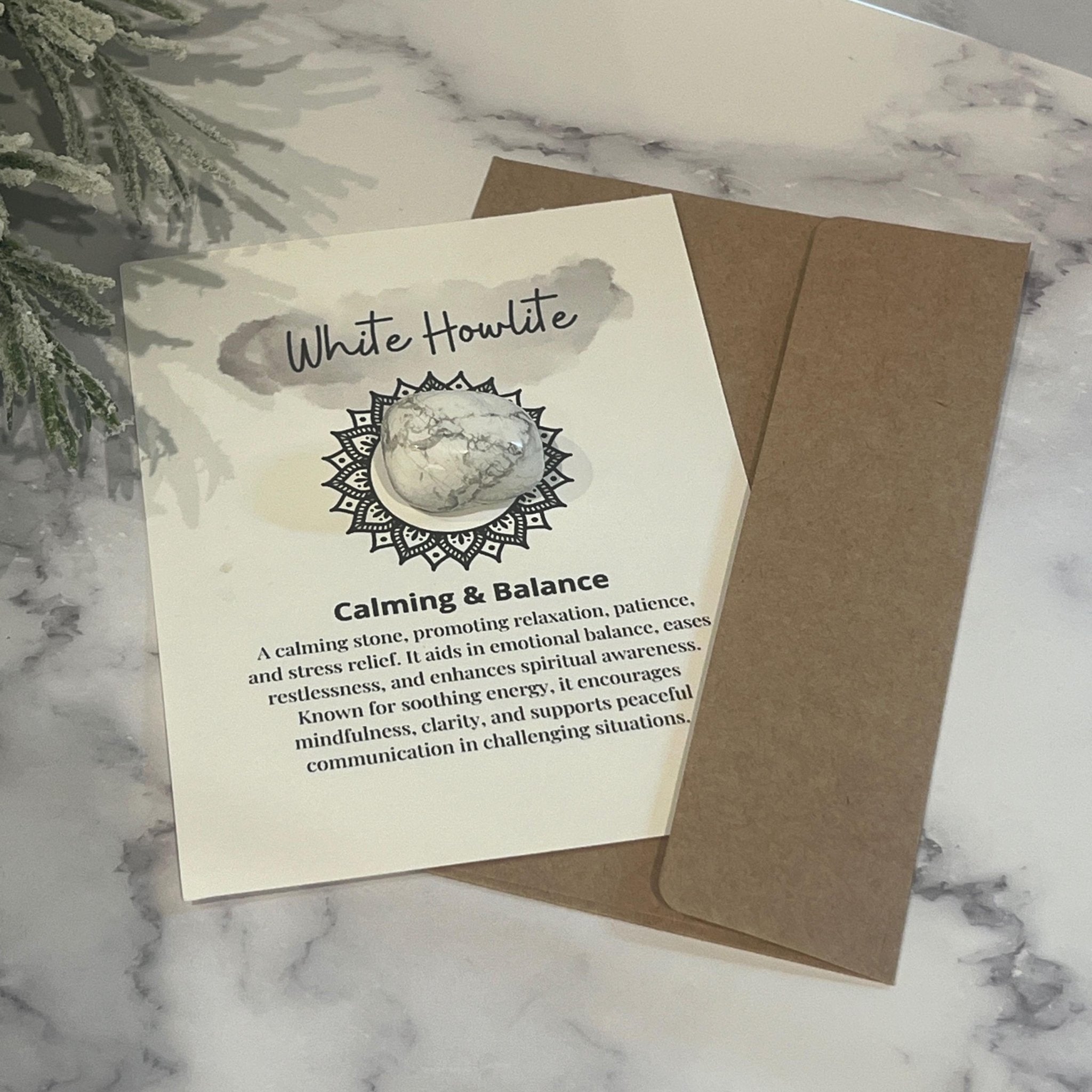 White Howlite Crystal Meaning Card with Tumbled Stone: Meditation Aid - Winterberry Hearth