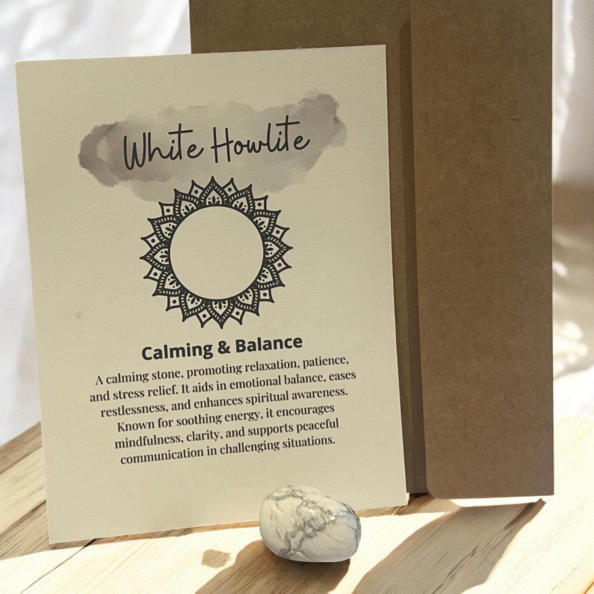 White Howlite Crystal Meaning Card with Tumbled Stone: Meditation Aid - Winterberry Hearth