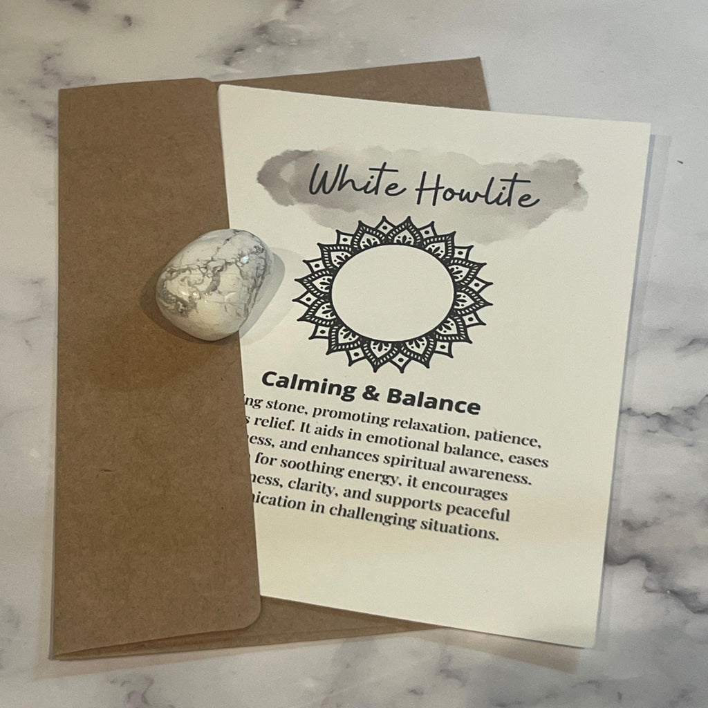 White Howlite Crystal Meaning Card with Tumbled Stone: Meditation Aid - Winterberry Hearth