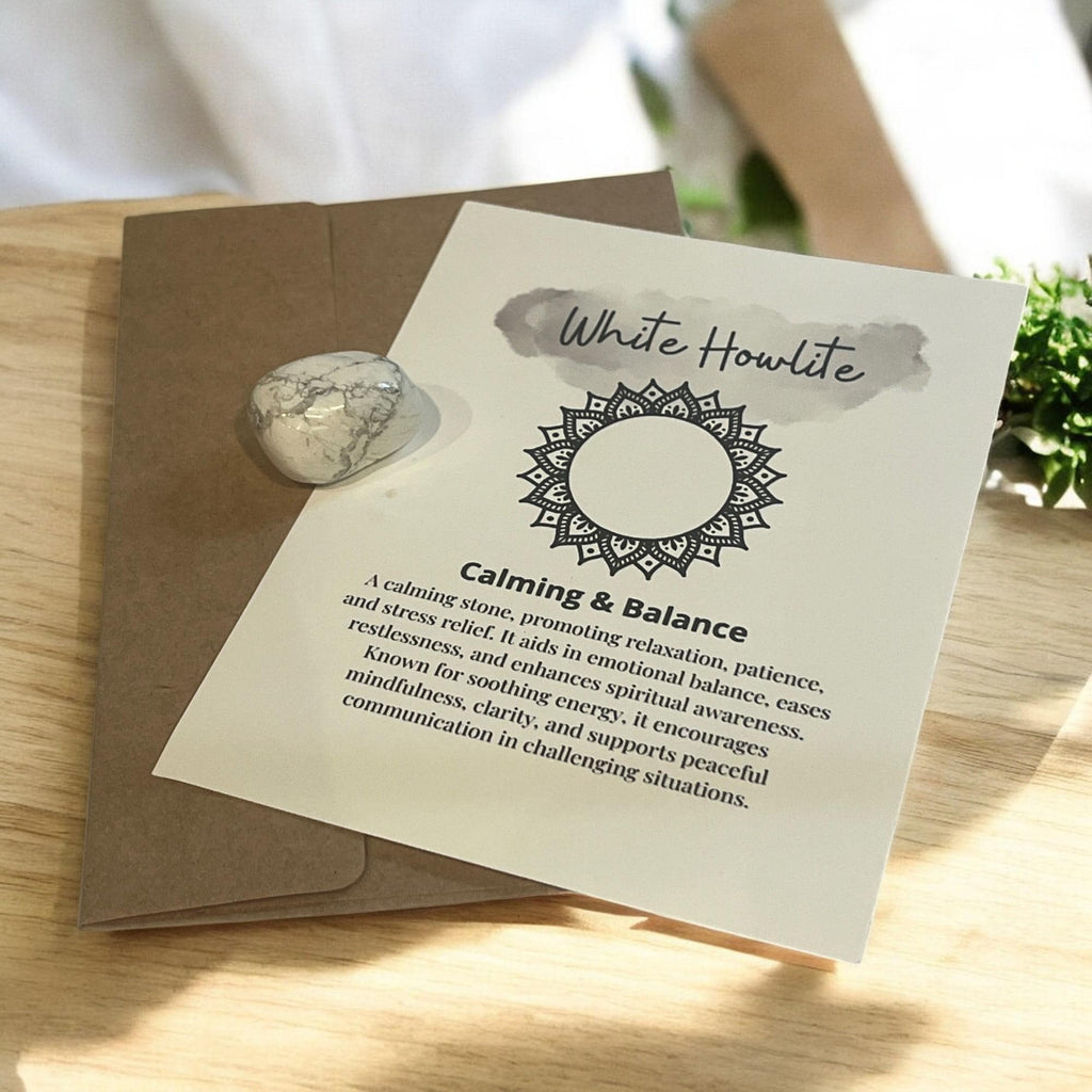 White Howlite Crystal Meaning Card with Tumbled Stone: Meditation Aid - Winterberry Hearth