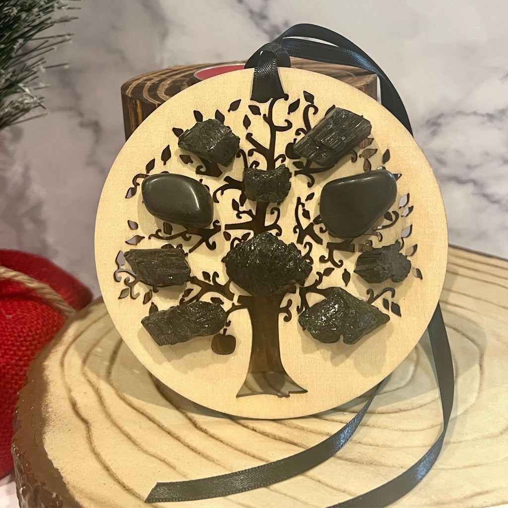 Wood Christmas Ornament: Wooden Tree of Life with Black Tourmaline Crystals - Winterberry Hearth