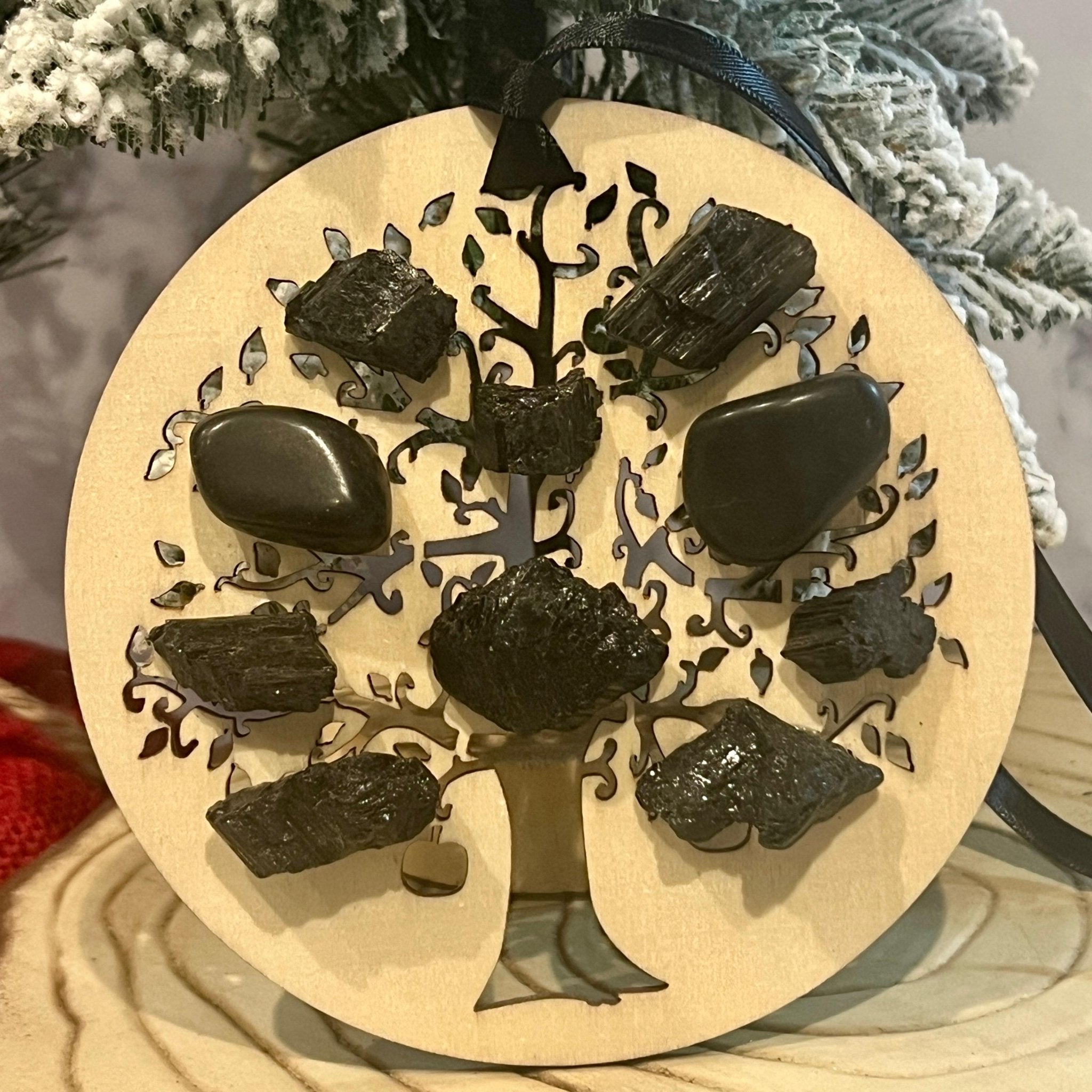 Wood Christmas Ornament: Wooden Tree of Life with Black Tourmaline Crystals - Winterberry Hearth
