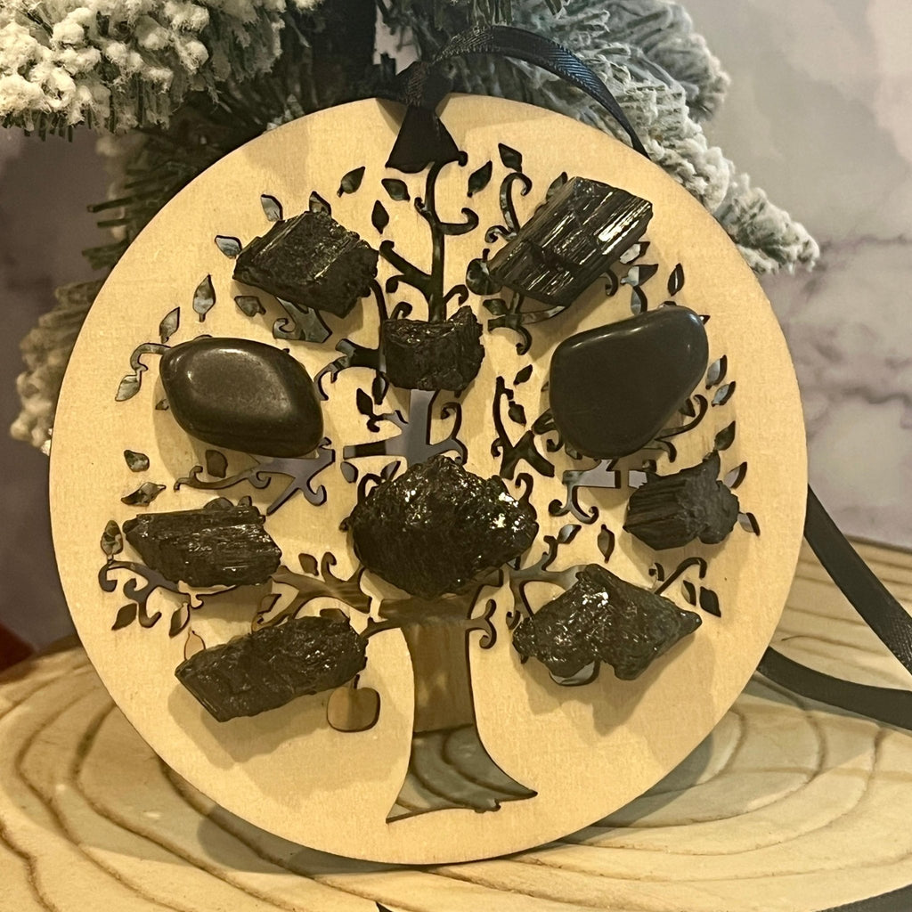 Wood Christmas Ornament: Wooden Tree of Life with Black Tourmaline Crystals - Winterberry Hearth