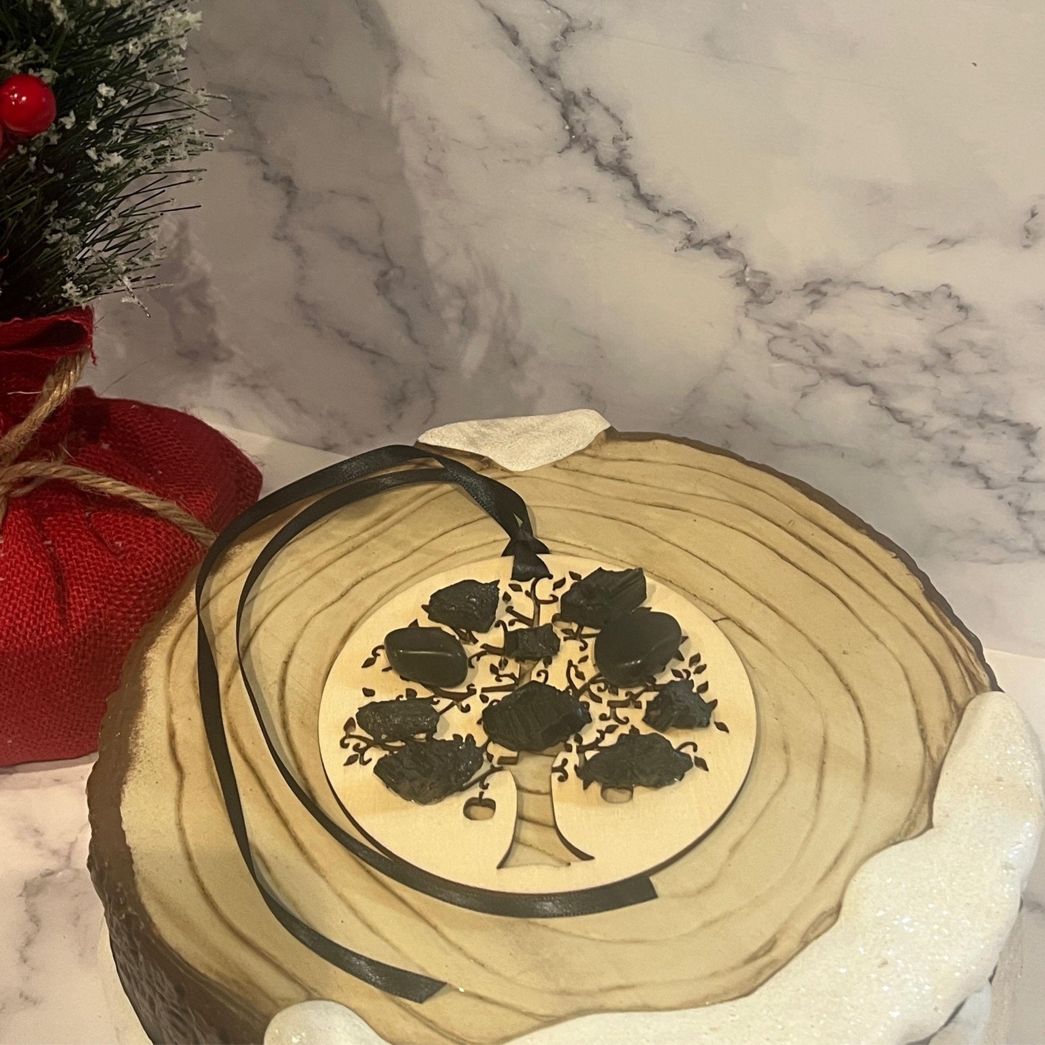 Wood Christmas Ornament: Wooden Tree of Life with Black Tourmaline Crystals - Winterberry Hearth