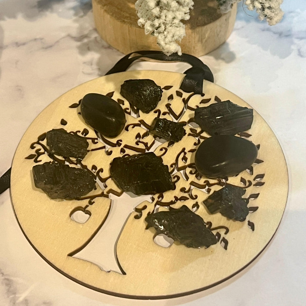Wood Christmas Ornament: Wooden Tree of Life with Black Tourmaline Crystals - Winterberry Hearth