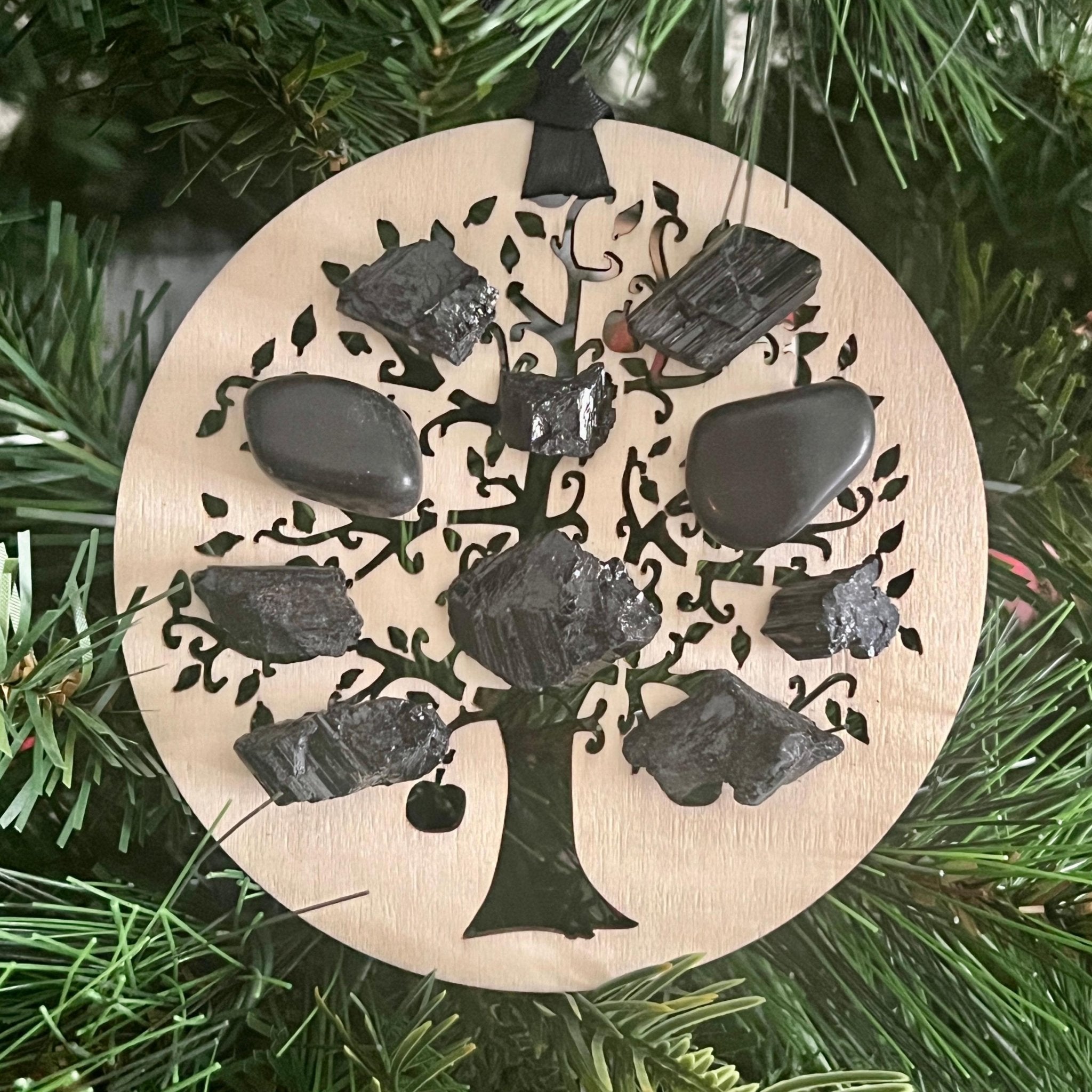 Wood Christmas Ornament: Wooden Tree of Life with Black Tourmaline Crystals - Winterberry Hearth