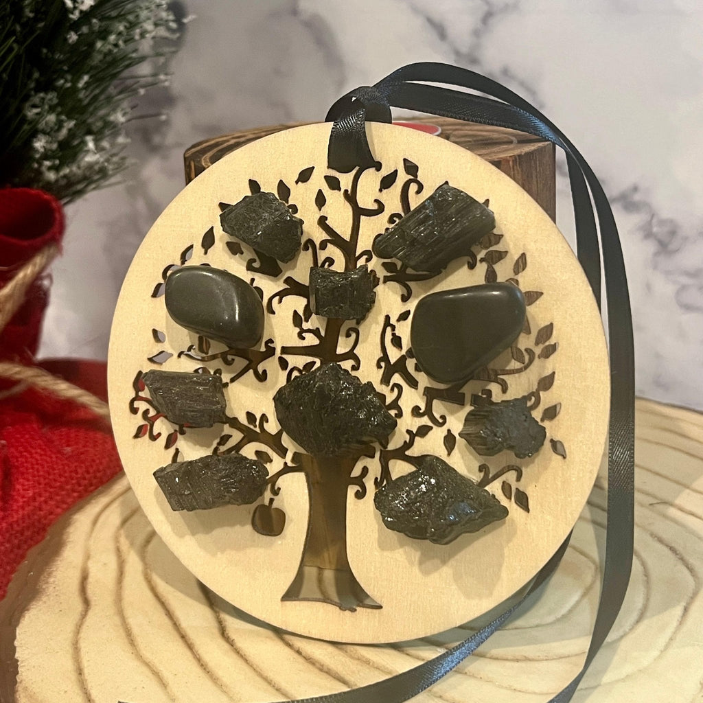 Wood Christmas Ornament: Wooden Tree of Life with Black Tourmaline Crystals - Winterberry Hearth