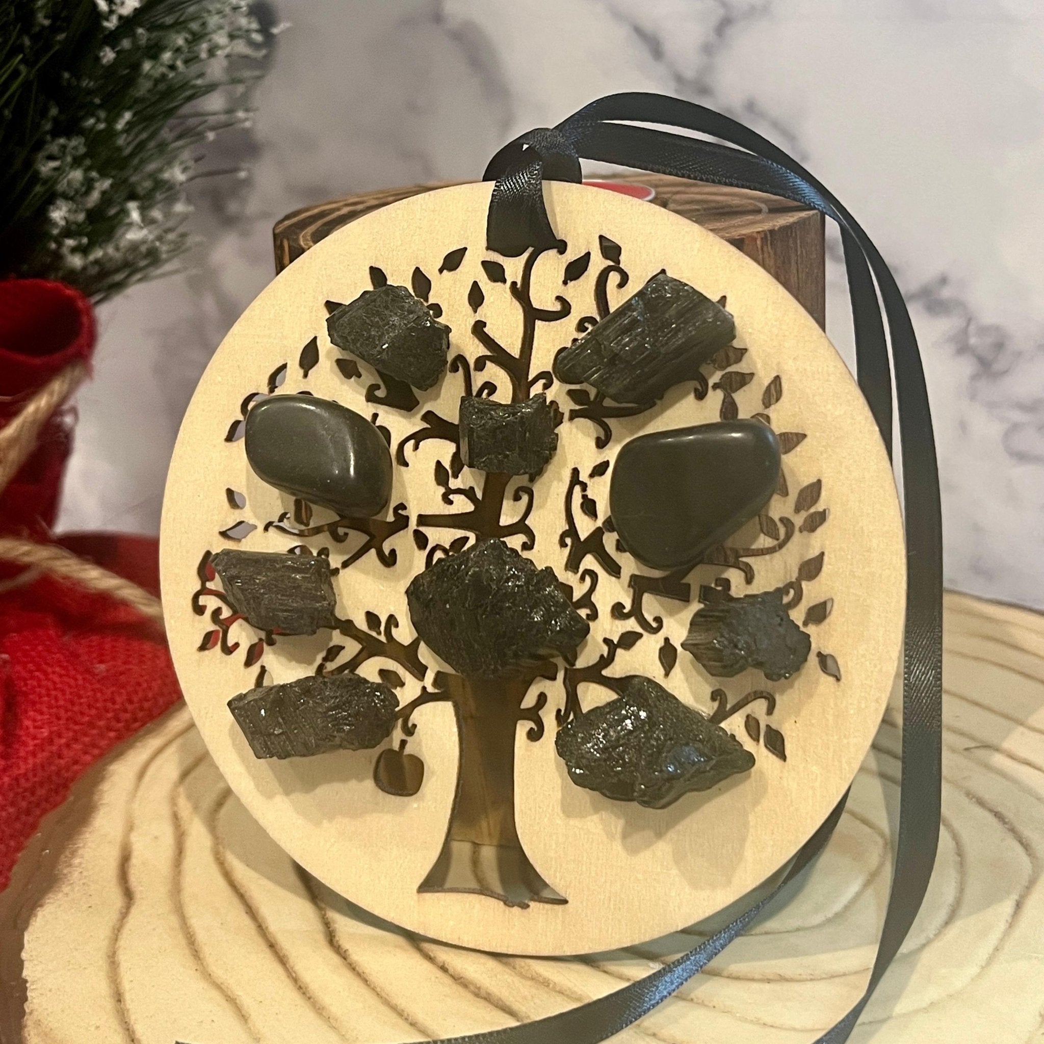 Wood Christmas Ornament: Wooden Tree of Life with Black Tourmaline Crystals - Winterberry Hearth
