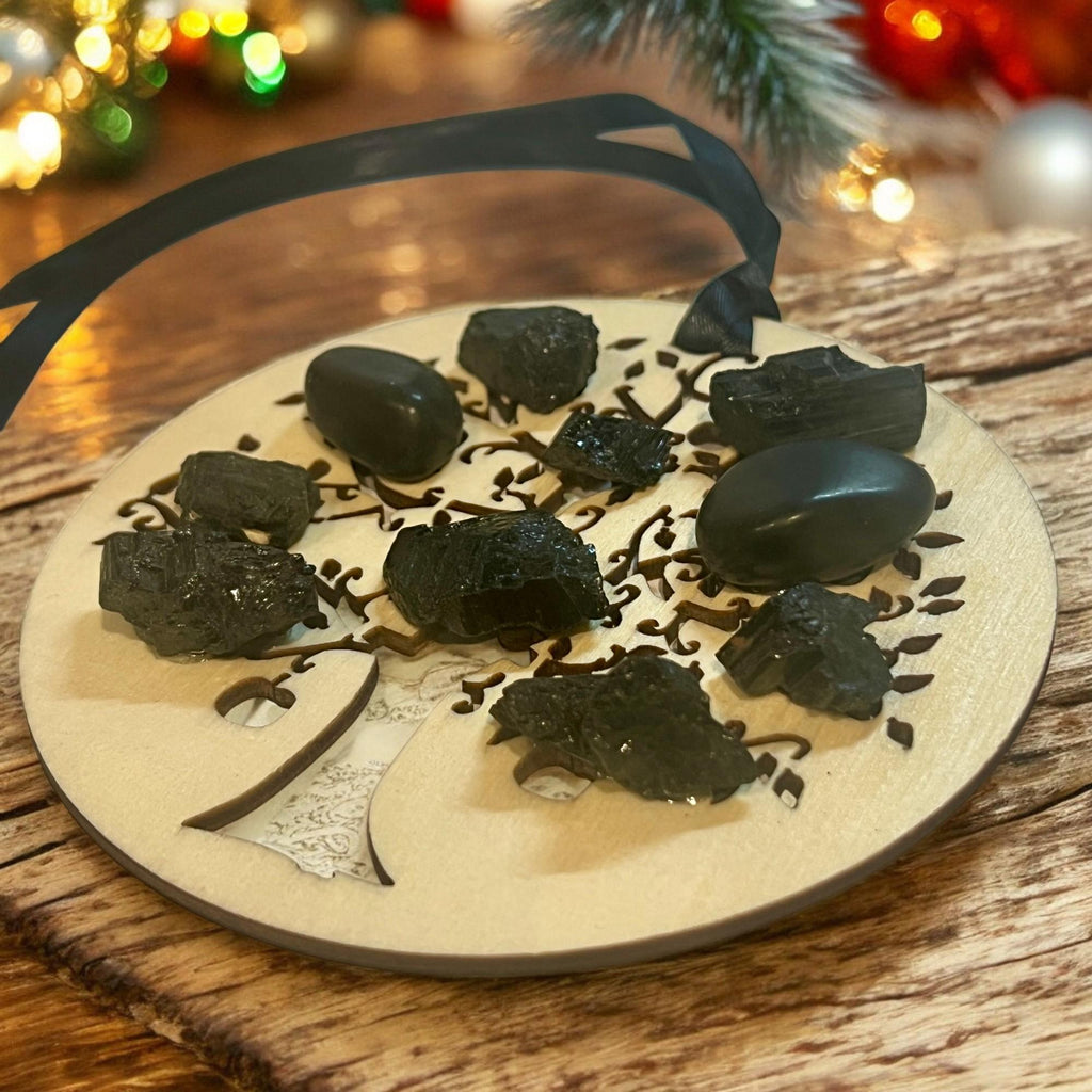 Wood Christmas Ornament: Wooden Tree of Life with Black Tourmaline Crystals - Winterberry Hearth