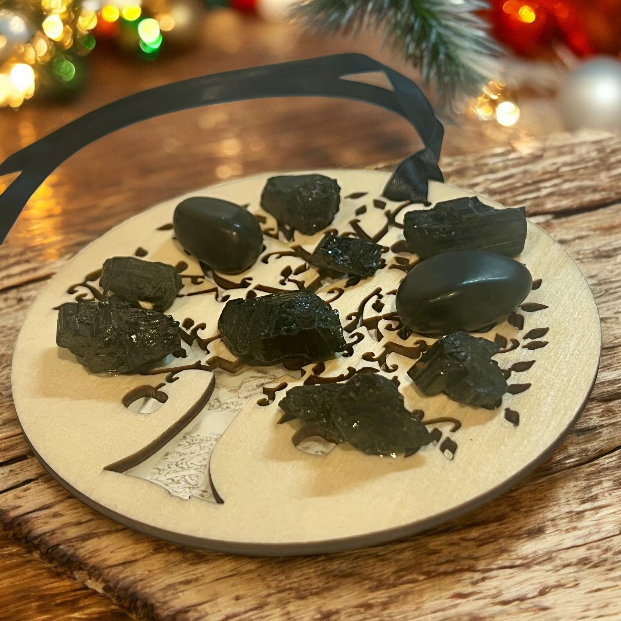 Wood Christmas Ornament: Wooden Tree of Life with Black Tourmaline Crystals - Winterberry Hearth