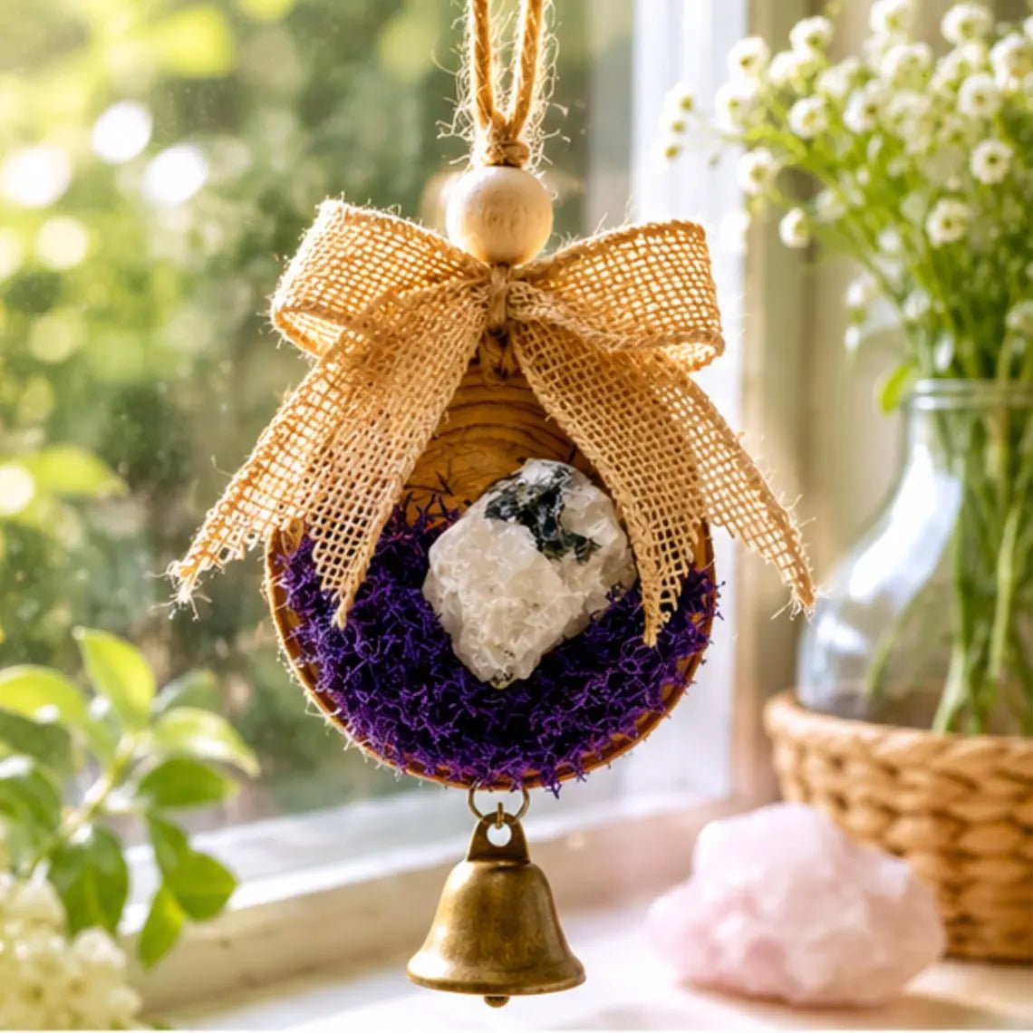 Wood Moonstone Crystal Ornament, Celestial Christmas Window Decor - Winterberry Hearth