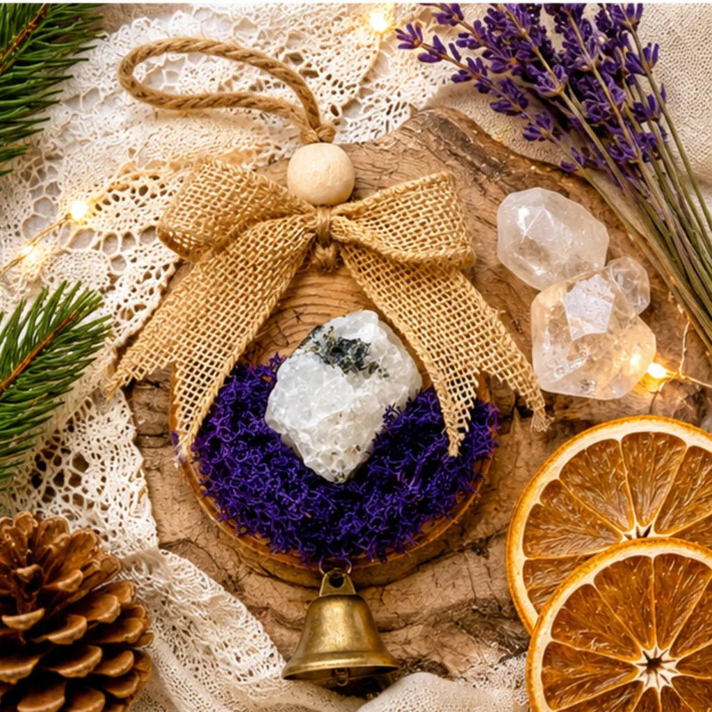 Wood Moonstone Crystal Ornament, Celestial Christmas Window Decor - Winterberry Hearth