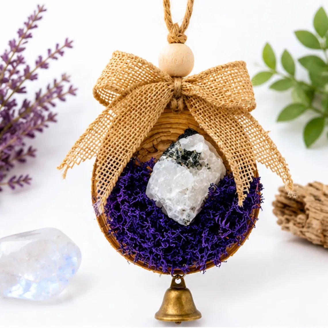 Wood Moonstone Crystal Ornament, Celestial Christmas Window Decor - Winterberry Hearth