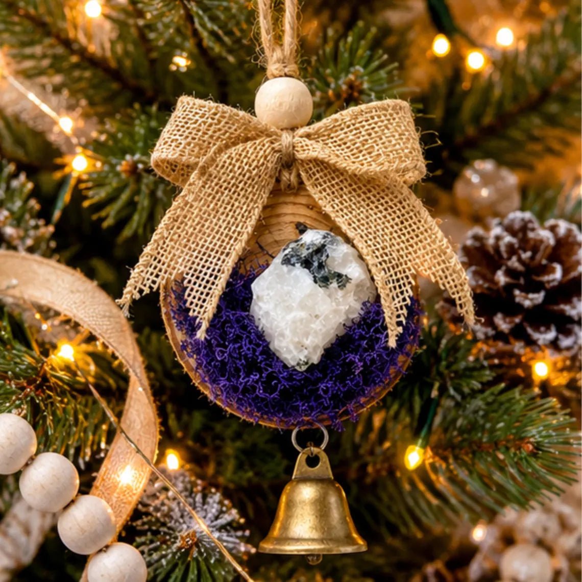 Wood Moonstone Crystal Ornament, Celestial Christmas Window Decor - Winterberry Hearth