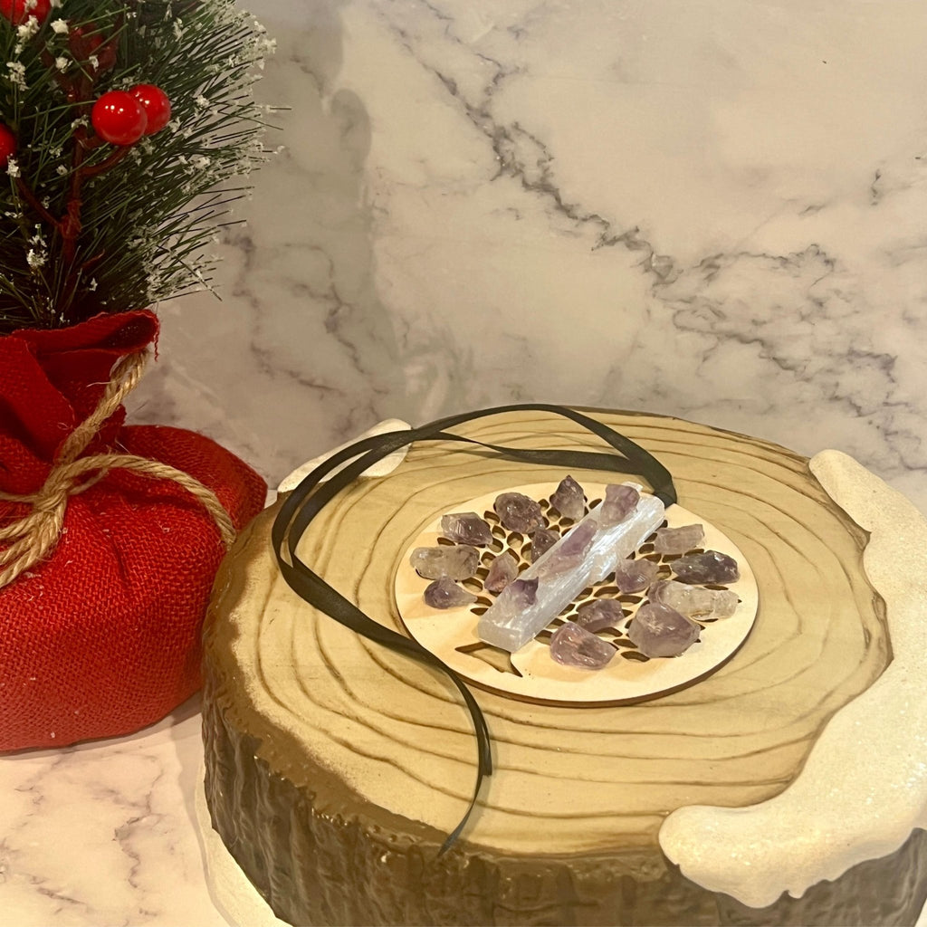 Wooden Tree of Life Christmas Ornament: Selenite Crystal Hanging Holiday Decor - Winterberry Hearth