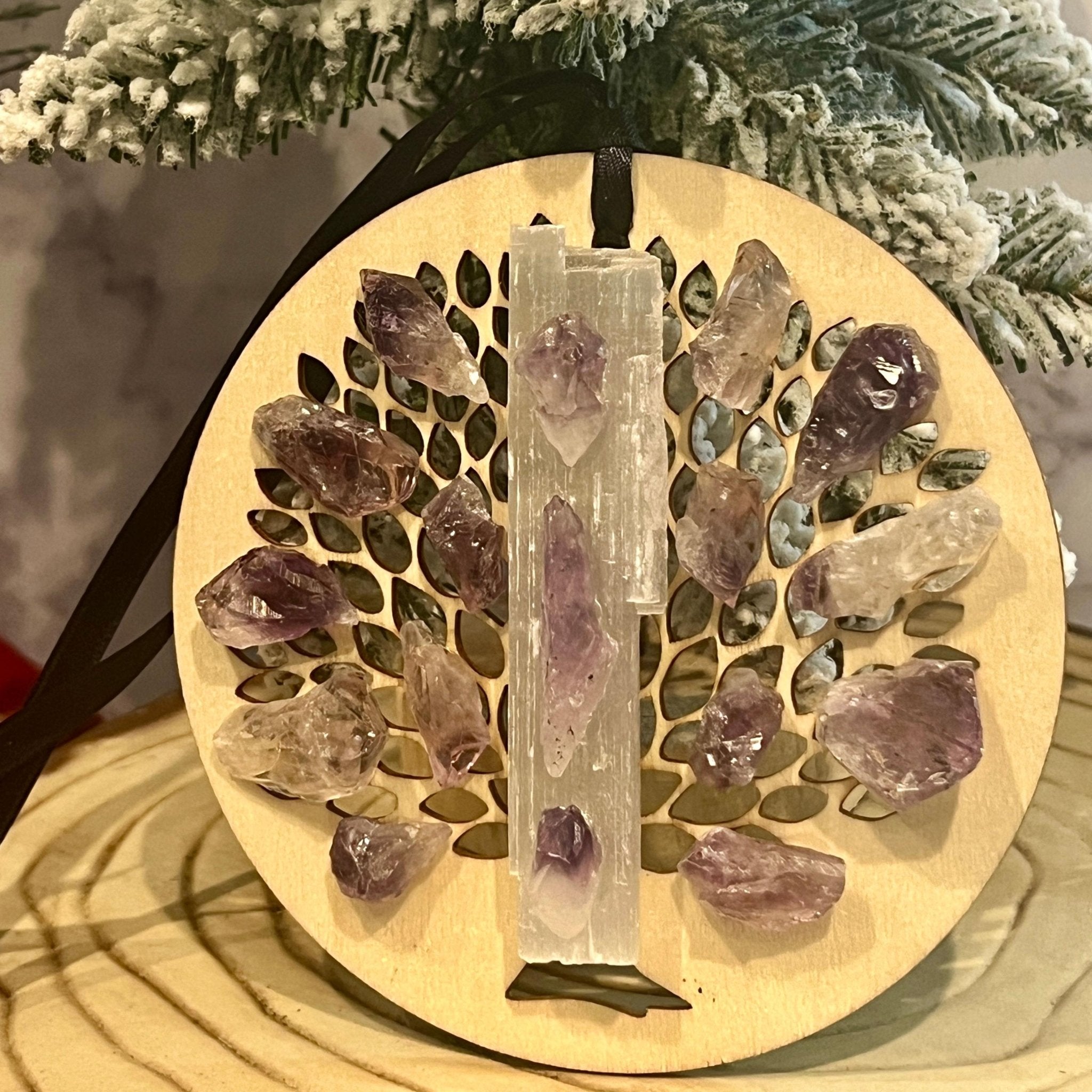 Wooden Tree of Life Christmas Ornament: Selenite Crystal Hanging Holiday Decor - Winterberry Hearth