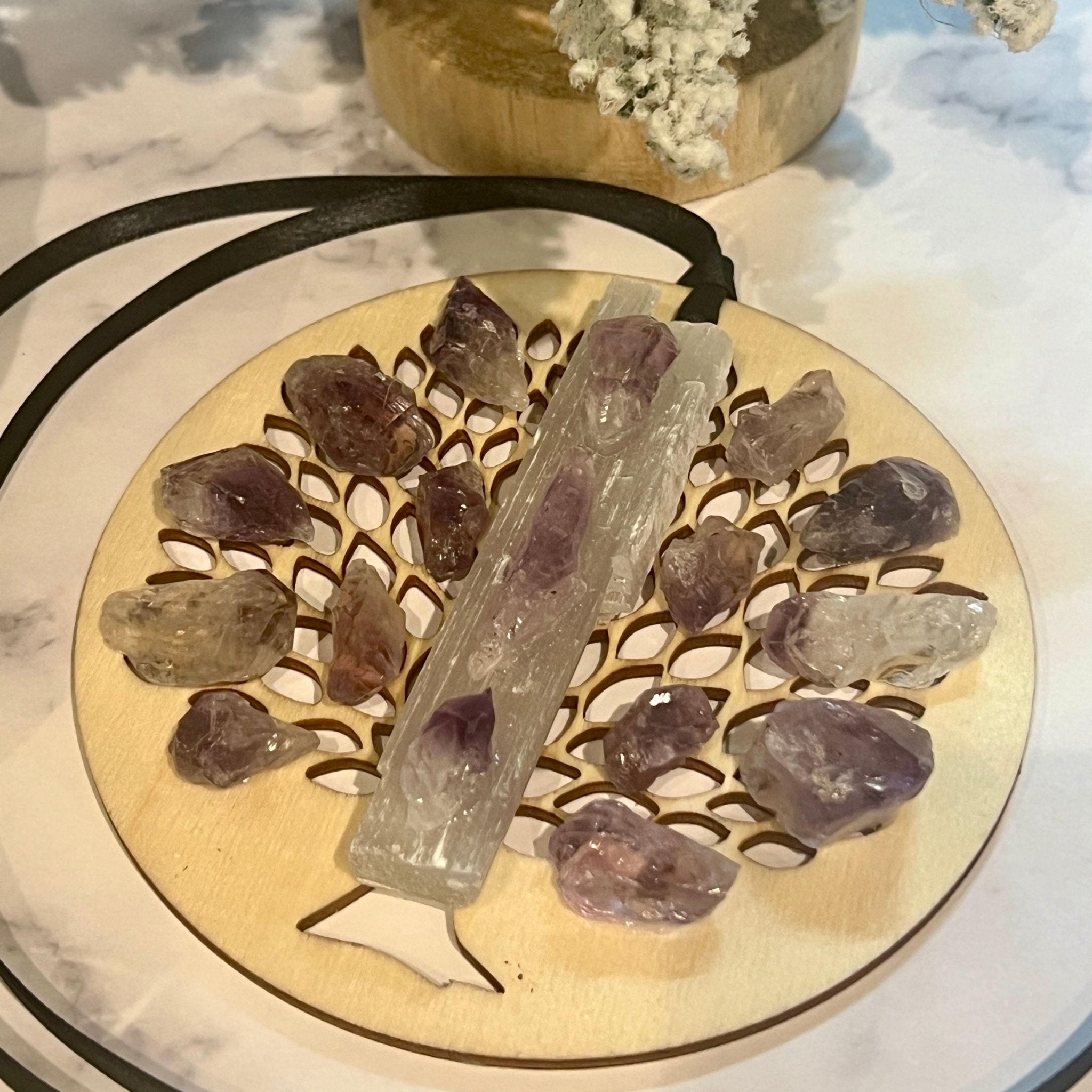 Wooden Tree of Life Christmas Ornament: Selenite Crystal Hanging Holiday Decor - Winterberry Hearth