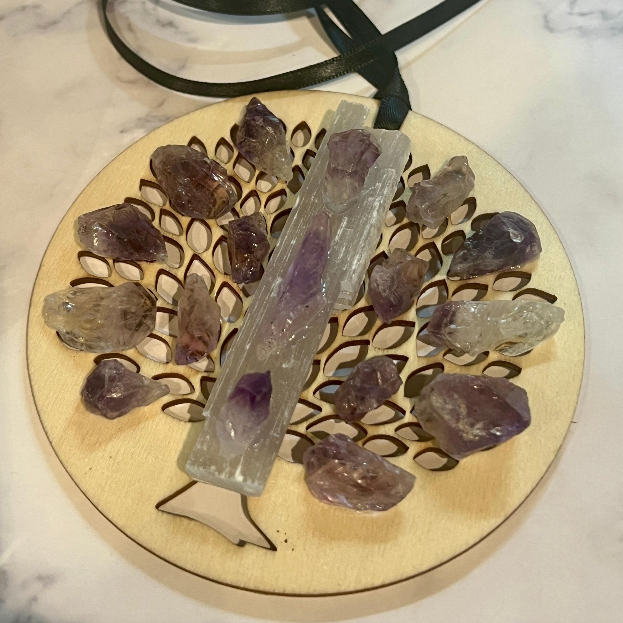 Wooden Tree of Life Christmas Ornament: Selenite Crystal Hanging Holiday Decor - Winterberry Hearth