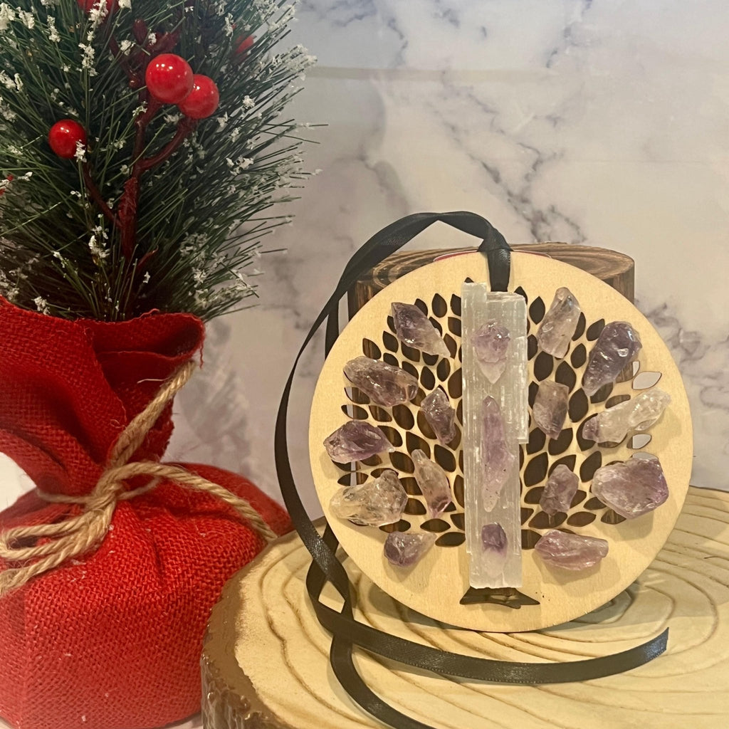 Wooden Tree of Life Christmas Ornament: Selenite Crystal Hanging Holiday Decor - Winterberry Hearth
